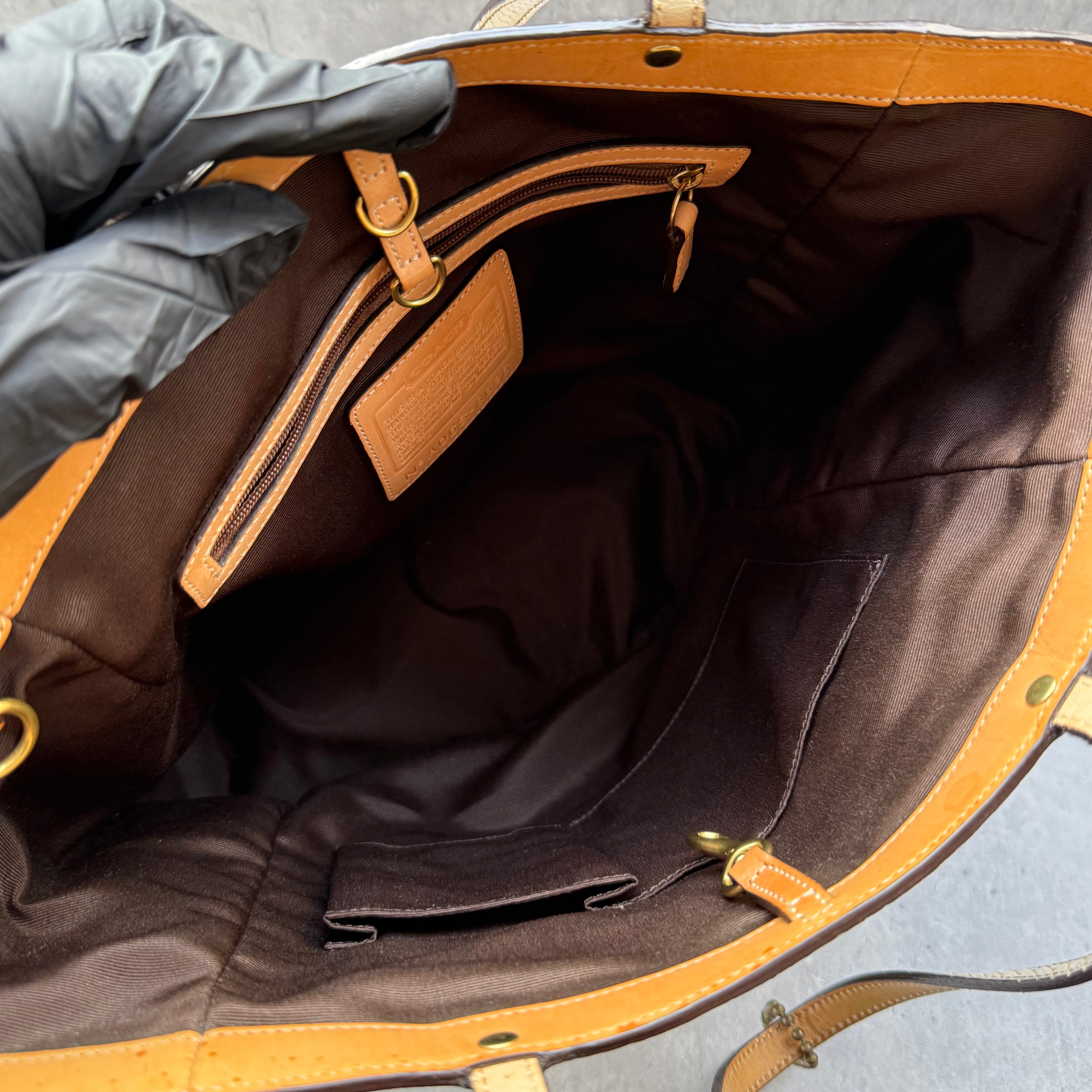 Coach Jacquard Python Canvas Shoulder Bag in tan with ivory snake-embossed leather trim and zip closure