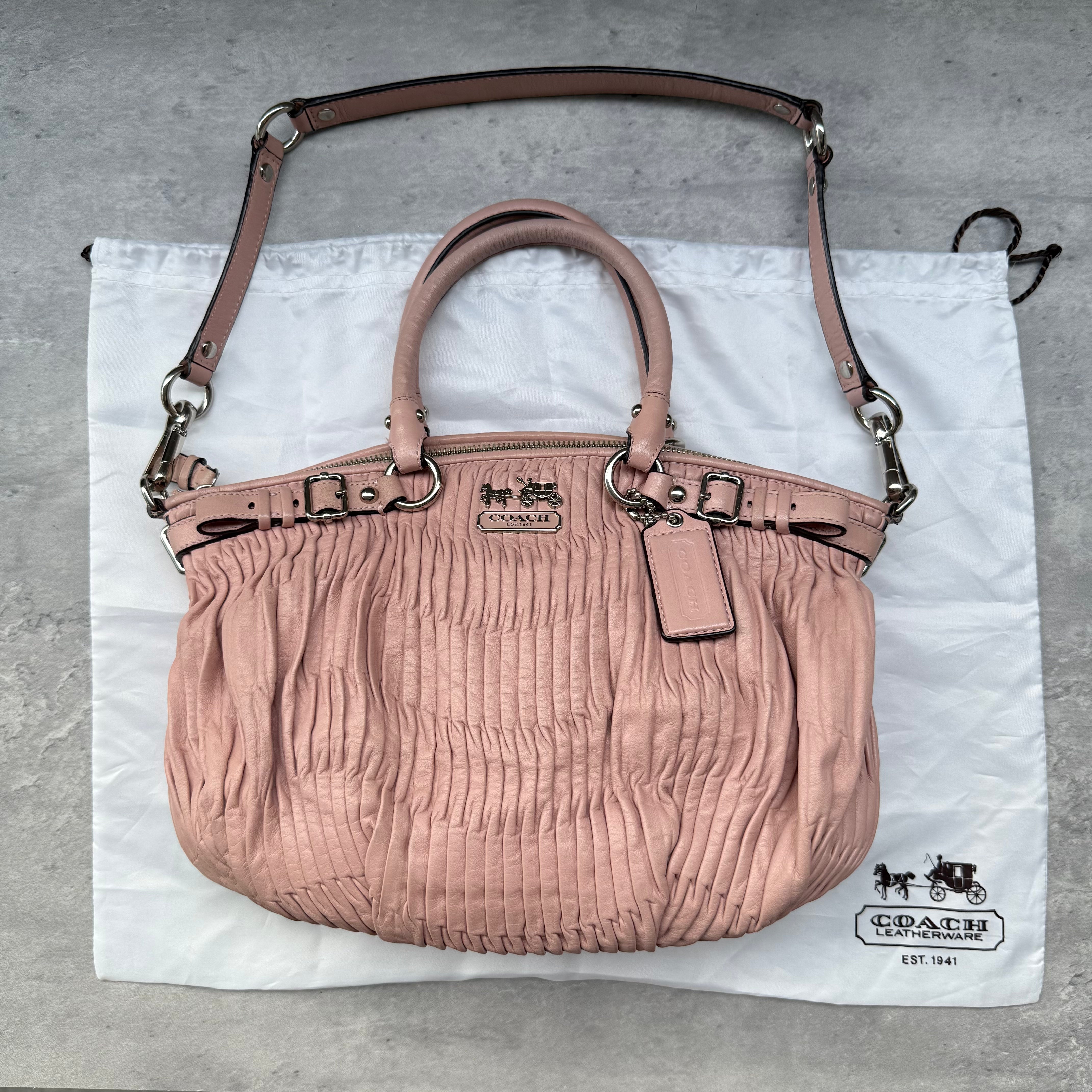 Coach Madison Pleated Leather 2Way Shoulder Bag Light Pink with silver-tone hardware and detachable strap