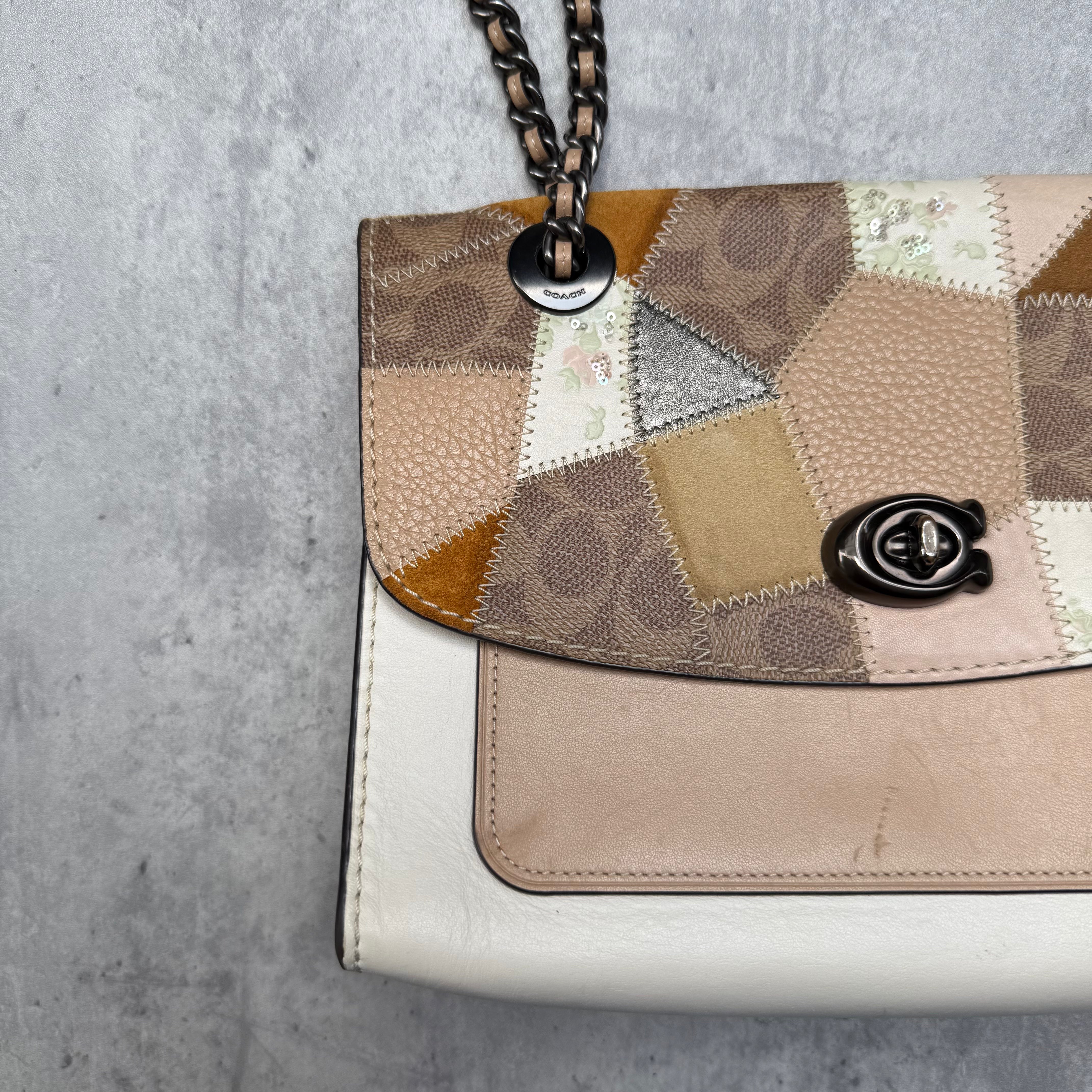 Coach Parker Multi Patch Shoulder Bag with monogram canvas, suede, leather panels, yellow suede lining, and chain leather strap.