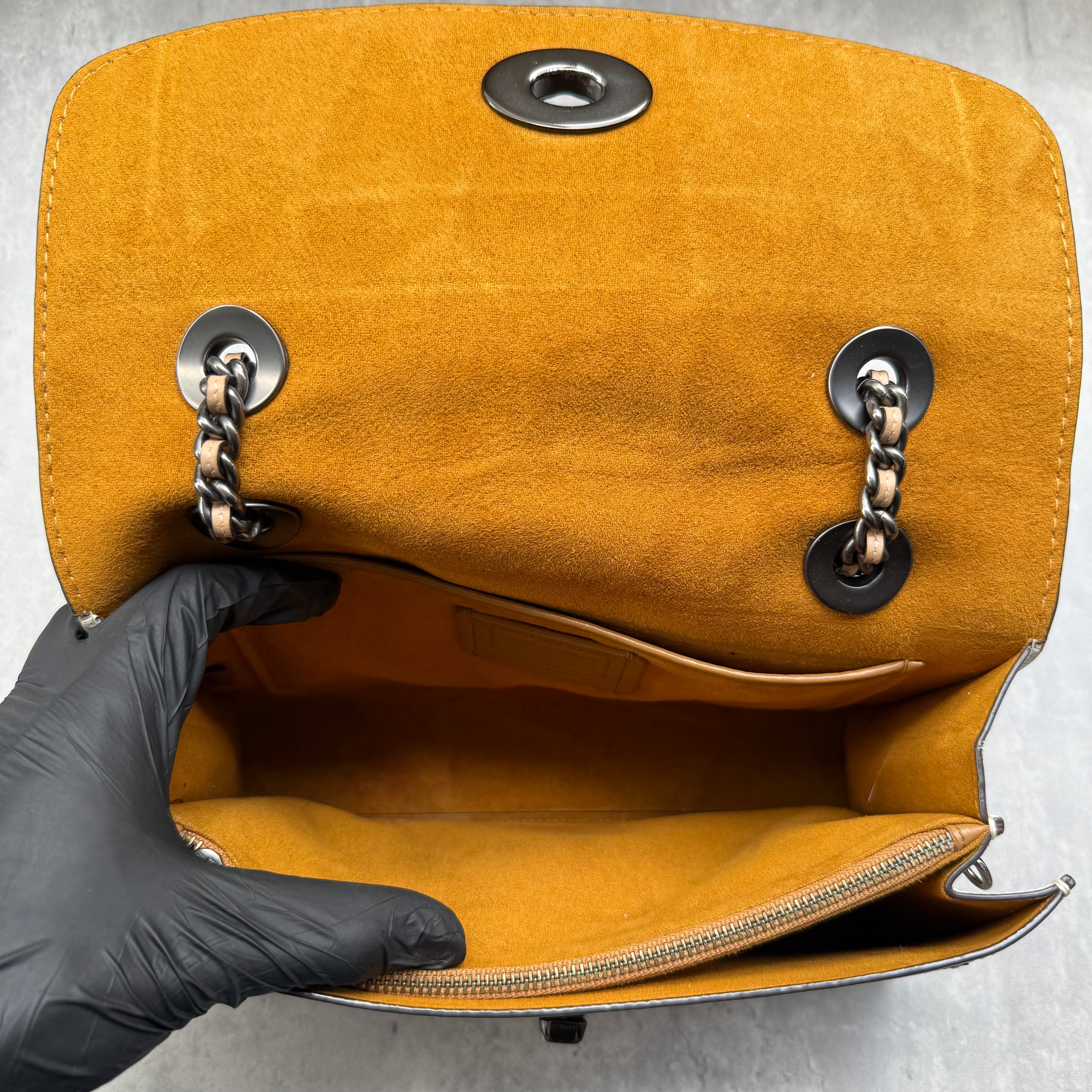 Coach Parker Multi Patch Shoulder Bag with monogram canvas, suede, leather panels, yellow suede lining, and chain leather strap.