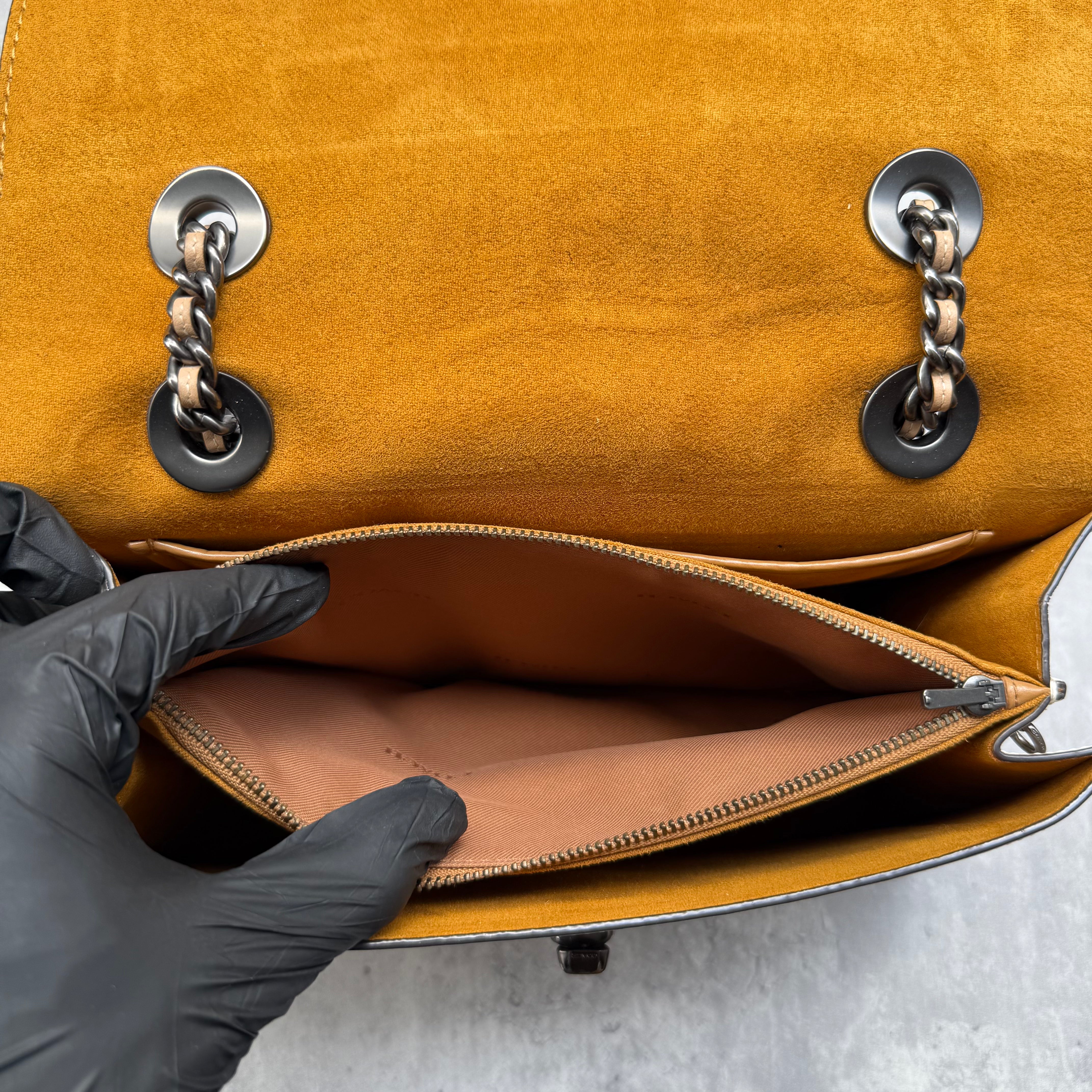 Coach Parker Multi Patch Shoulder Bag with monogram canvas, suede, leather panels, yellow suede lining, and chain leather strap.