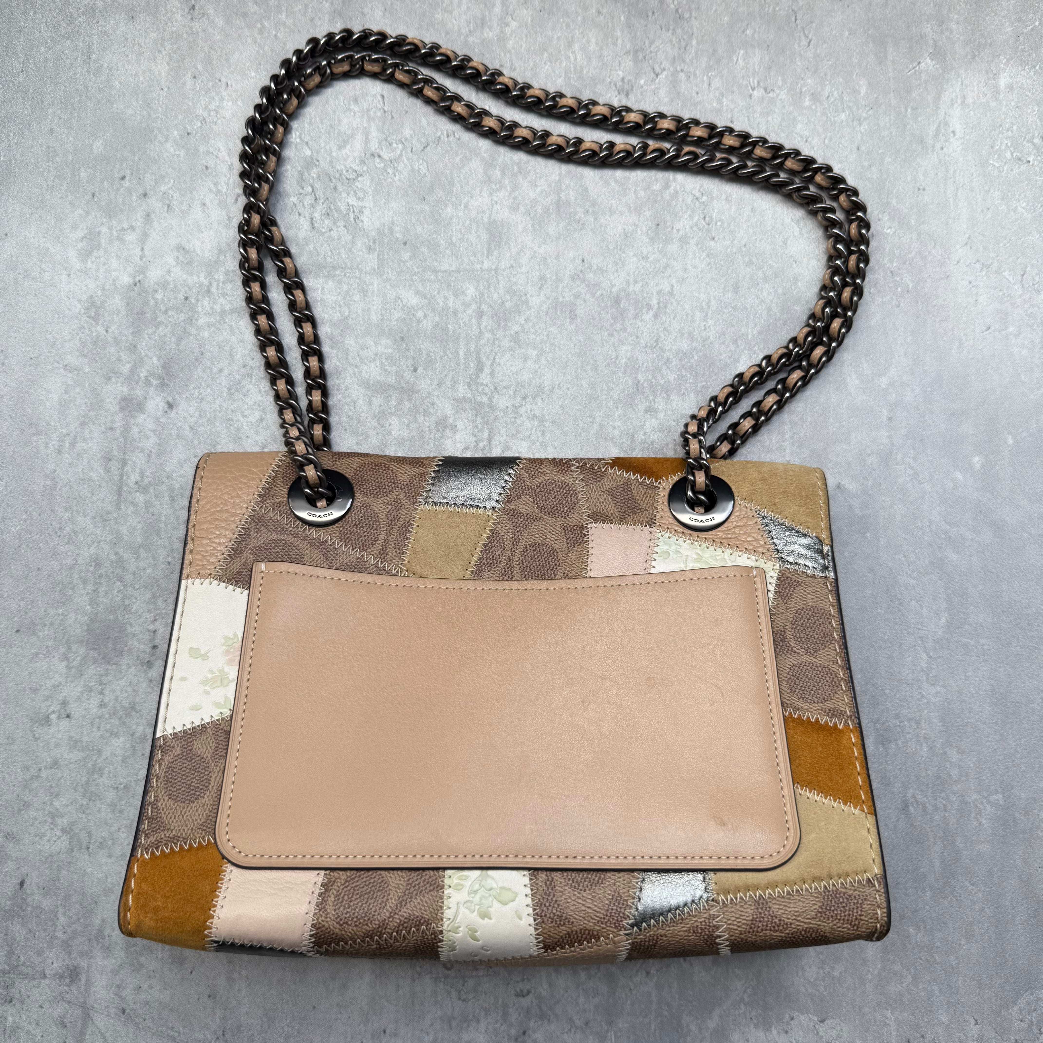 Coach Parker Multi Patch Shoulder Bag with monogram canvas, suede, leather panels, yellow suede lining, and chain leather strap.