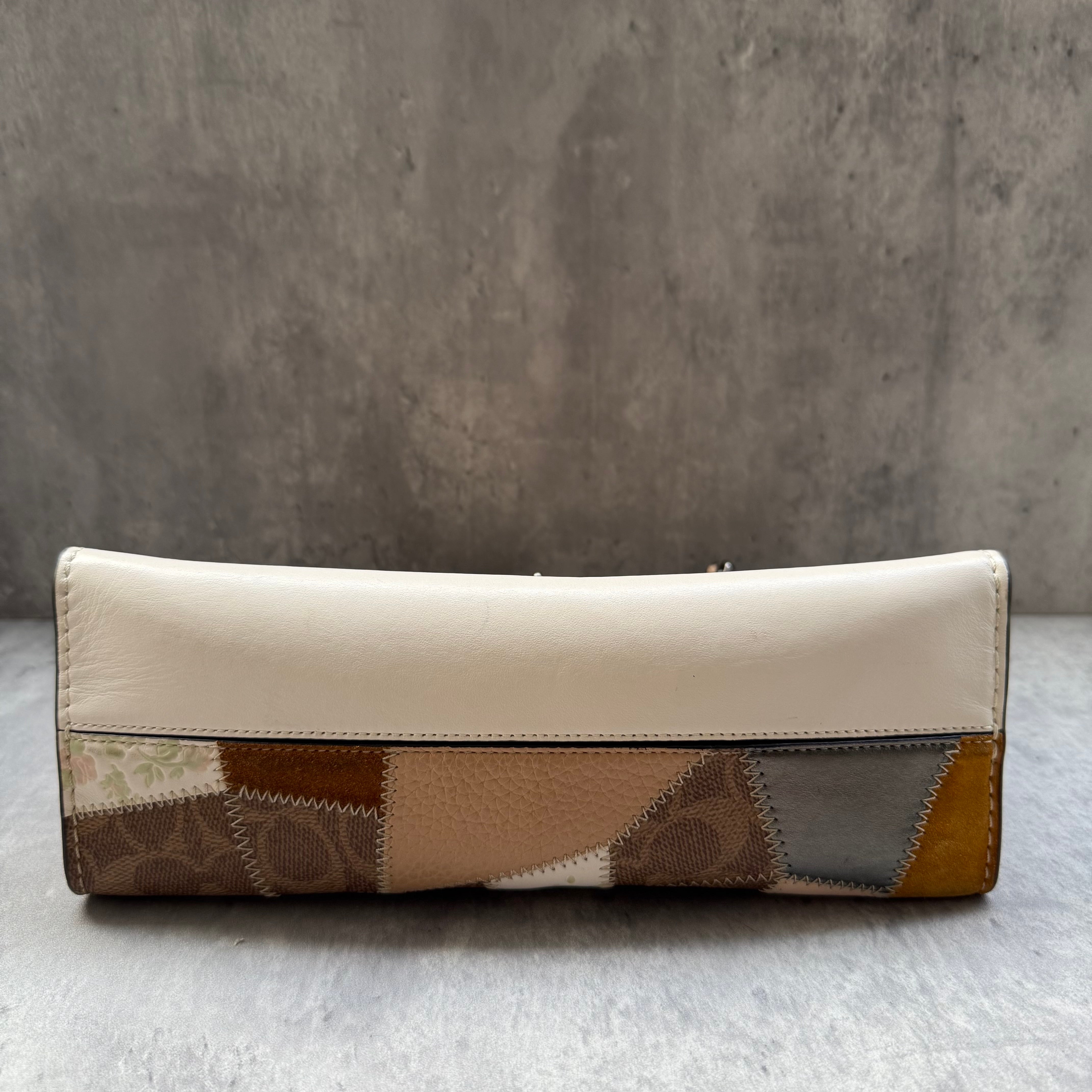 Coach Parker Multi Patch Shoulder Bag with monogram canvas, suede, leather panels, yellow suede lining, and chain leather strap.