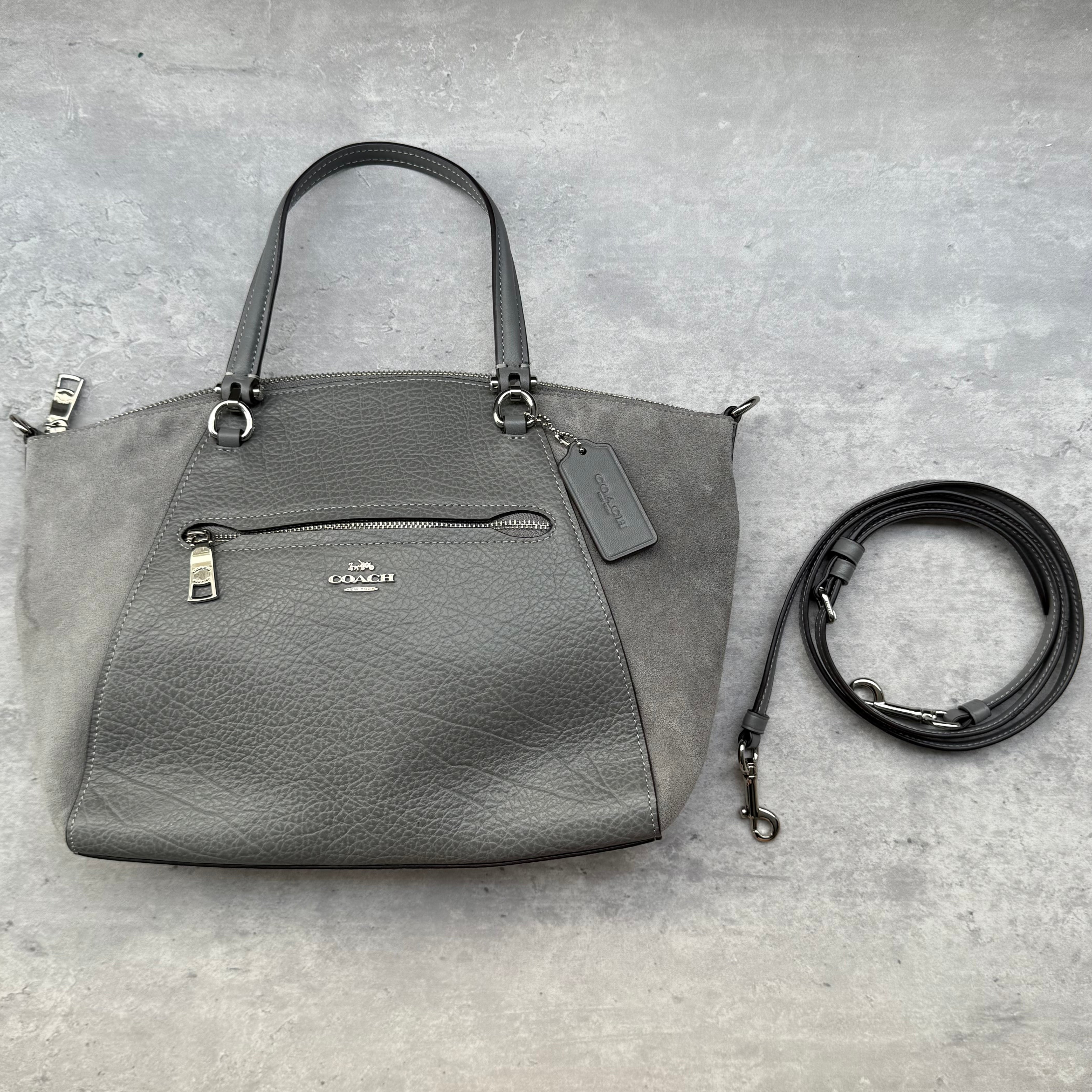 Coach Prairie Satchel Shoulder Bag Grey in pebbled leather with suede panels and silver-tone hardware, featuring top handles and detachable strap.