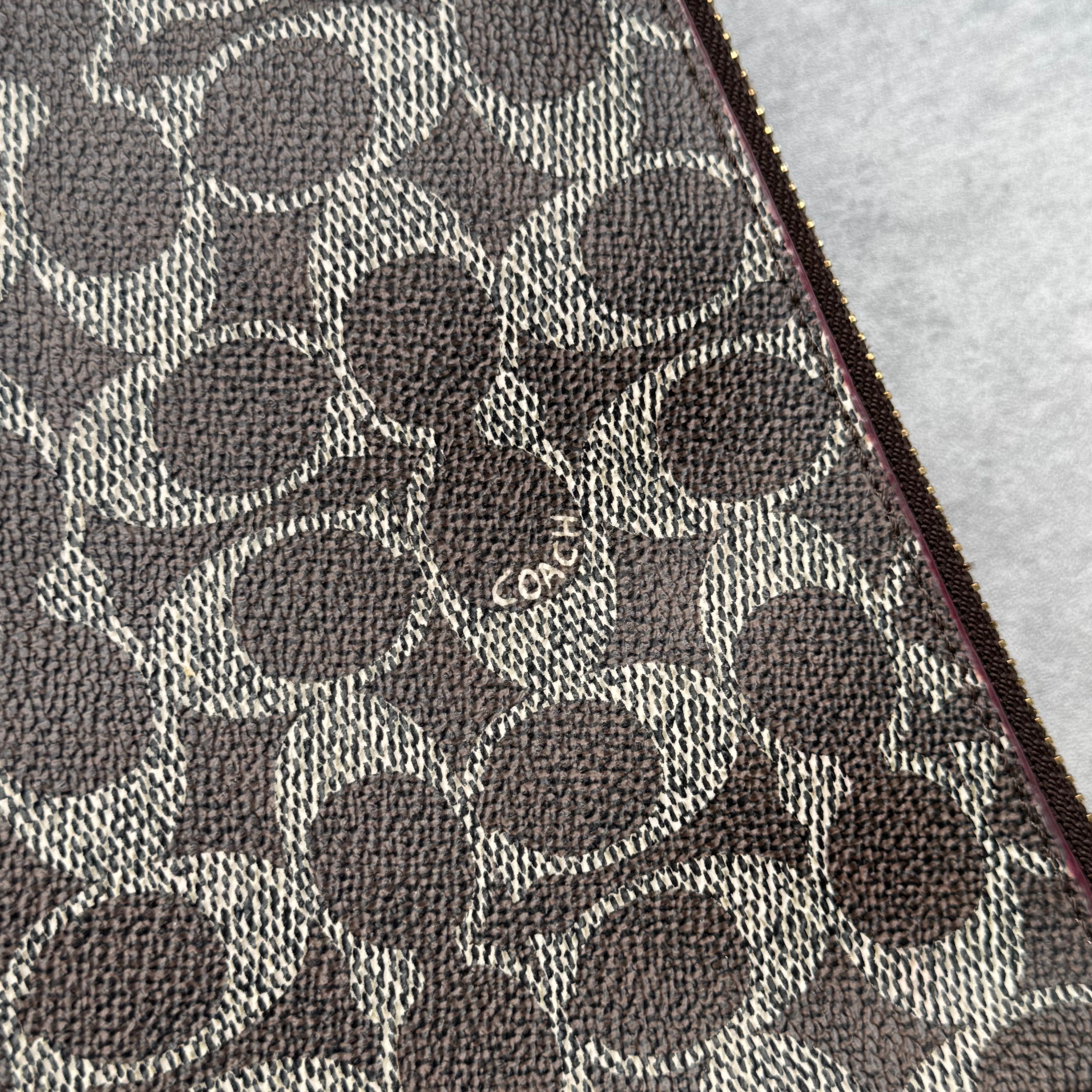 Coach Signature Canvas Charley Crossbody in brown monogram with ivory leather trim, featuring gold hardware and red fabric interior.