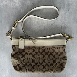 Coach Signature Canvas Convertible Shoulder Bag Cream/Beige, featuring monogram canvas, cream leather trim, and adjustable strap with gold hardware.