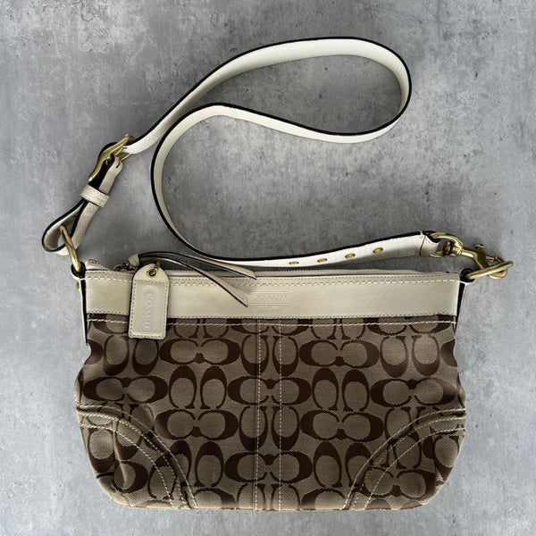 Coach Signature Canvas Convertible Shoulder Bag Cream/Beige, featuring monogram canvas, cream leather trim, and adjustable strap with gold hardware.