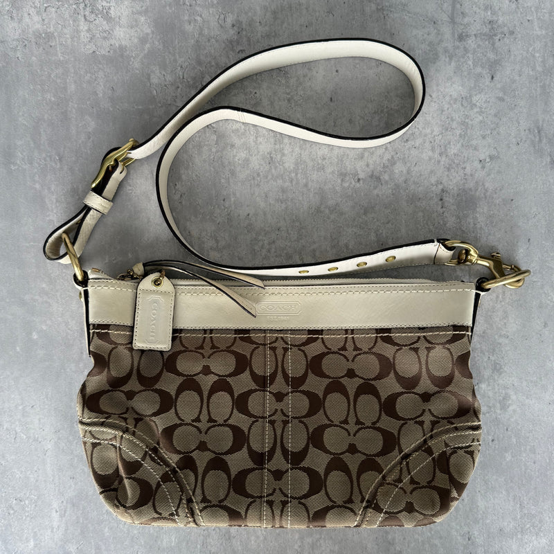 Coach Signature Canvas Convertible Shoulder Bag Cream/Beige, featuring monogram canvas, cream leather trim, and adjustable strap with gold hardware.