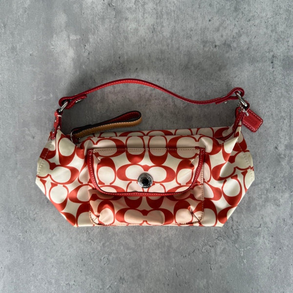 Coach Signature Canvas Mini Shoulder Bag Red/White, featuring bold monogram print, red leather trim, and front snap pocket.