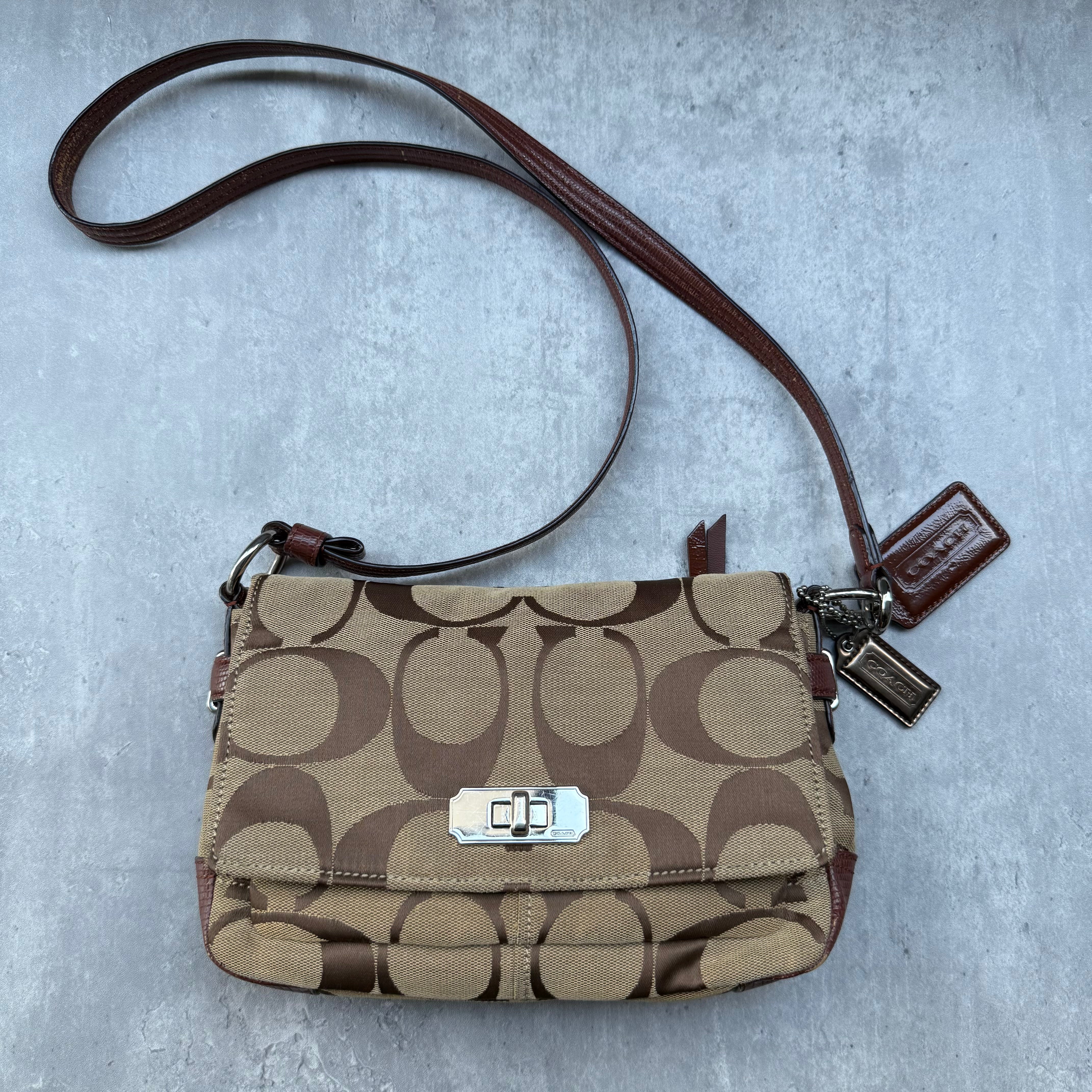 Coach Signature Chelsea Flap Crossbody Bag in beige with brown leather trim, turnlock closure, and back zip pocket.