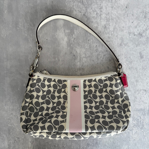 Coach Signature Chelsea Stripe Shoulder Bag in grey monogram canvas with pink stripe, white trim, and magenta interior lining