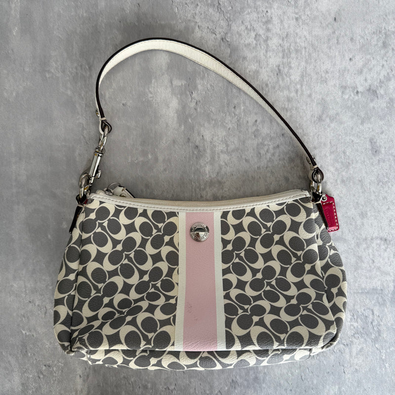 Coach Signature Chelsea Stripe Shoulder Bag in grey monogram canvas with pink stripe, white trim, and magenta interior lining