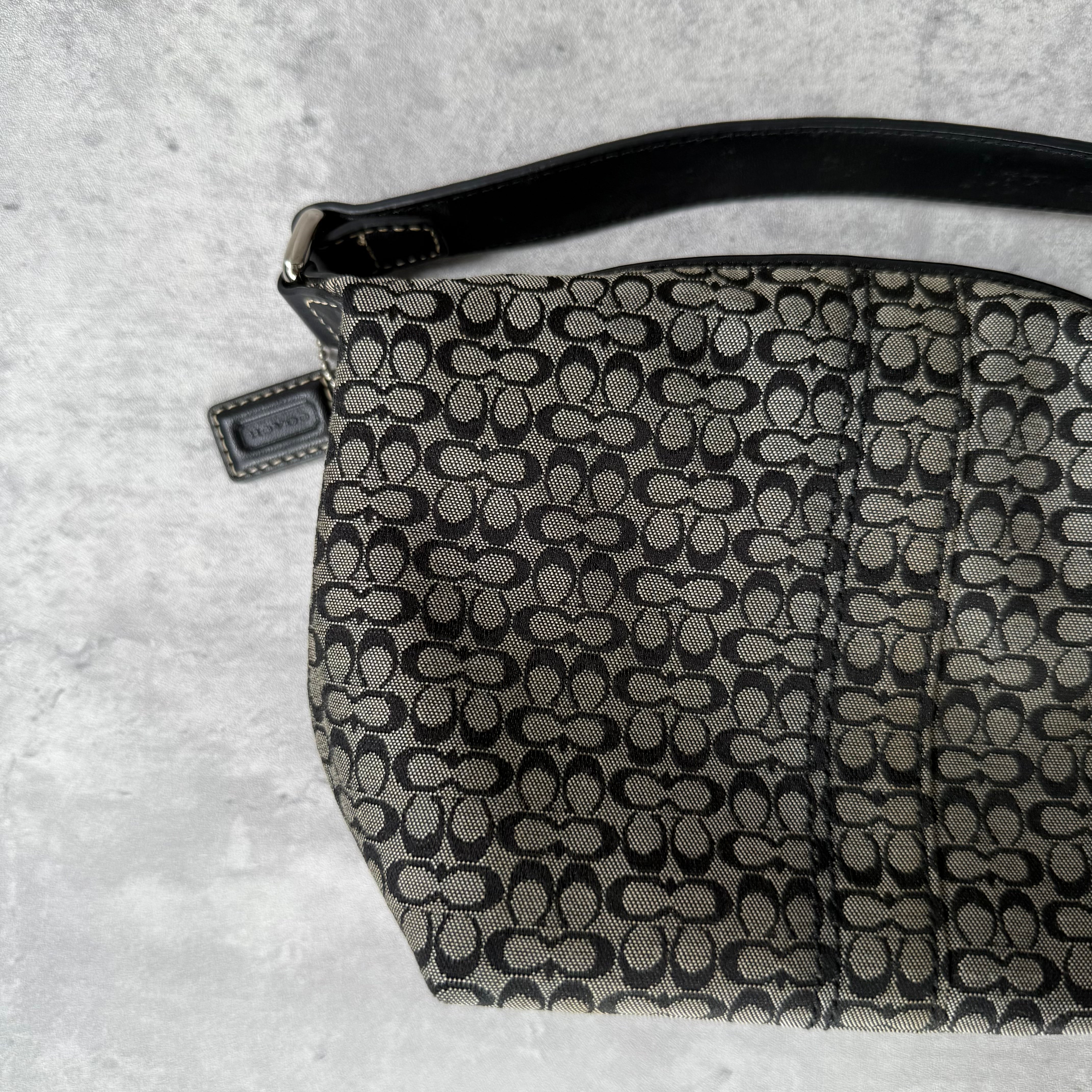 Coach Signature Mini Hobo Shoulder Bag in Grey/Black with jacquard canvas, black leather trim, zip closure, and interior zip pocket