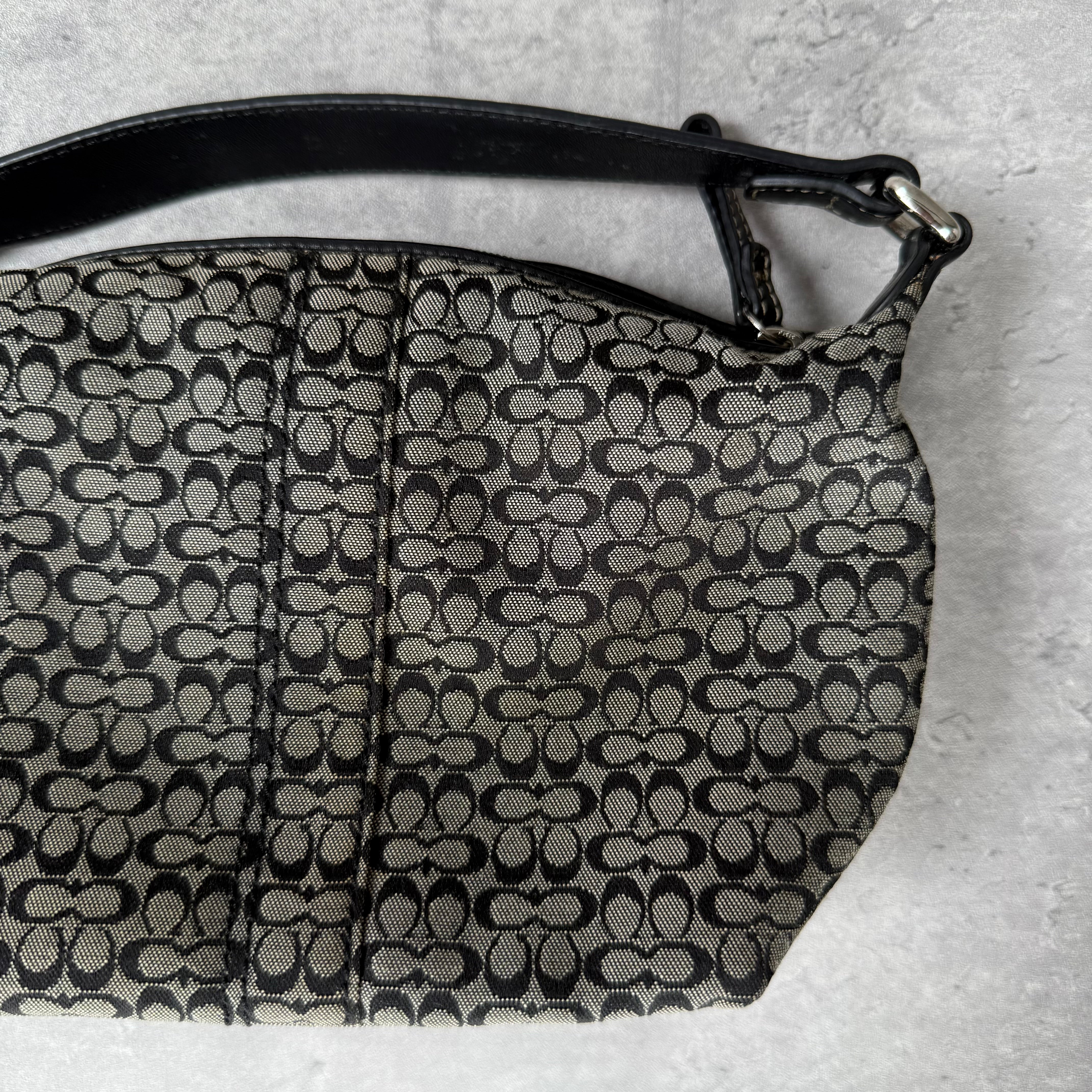 Coach Signature Mini Hobo Shoulder Bag in Grey/Black with jacquard canvas, black leather trim, zip closure, and interior zip pocket
