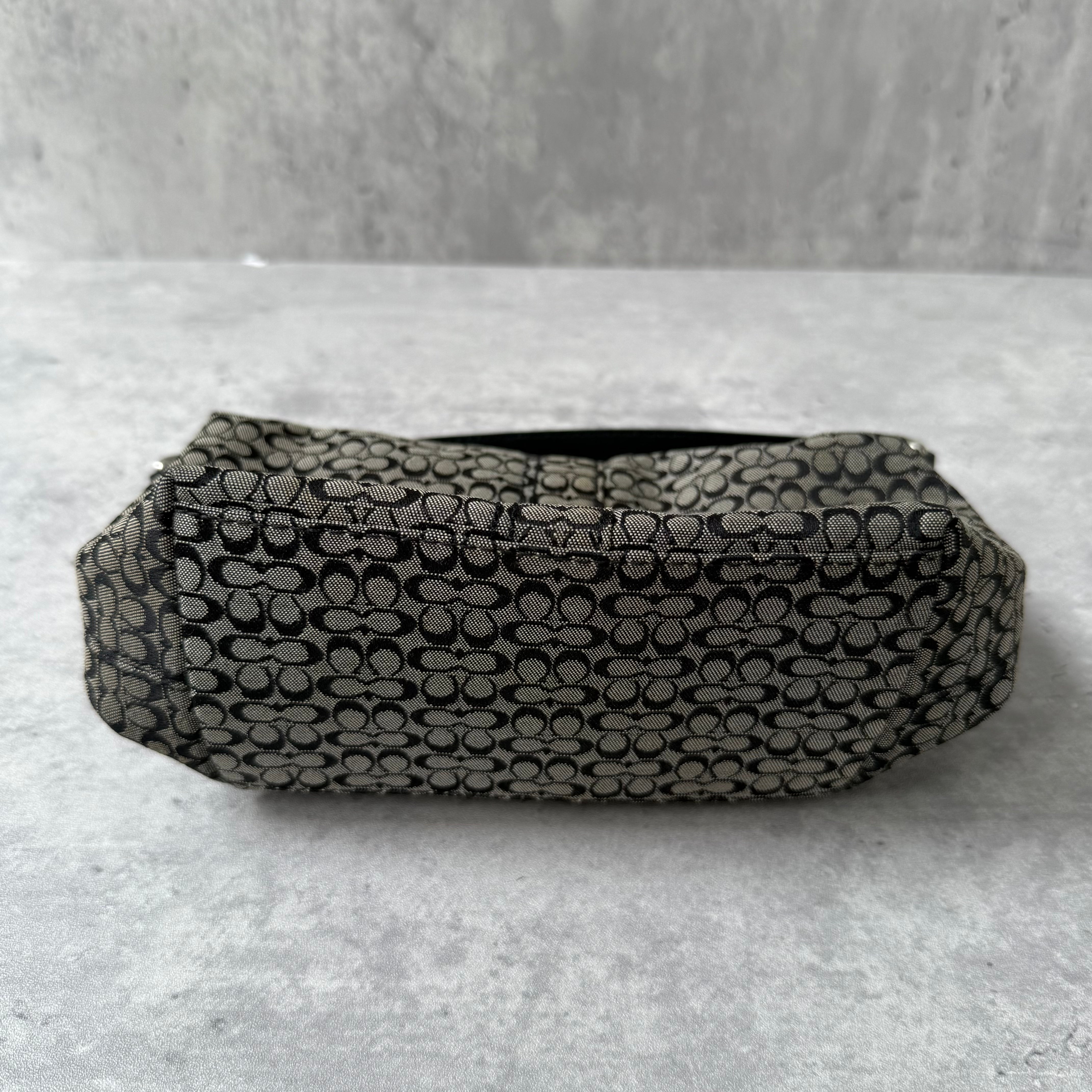 Coach Signature Mini Hobo Shoulder Bag in Grey/Black with jacquard canvas, black leather trim, zip closure, and interior zip pocket