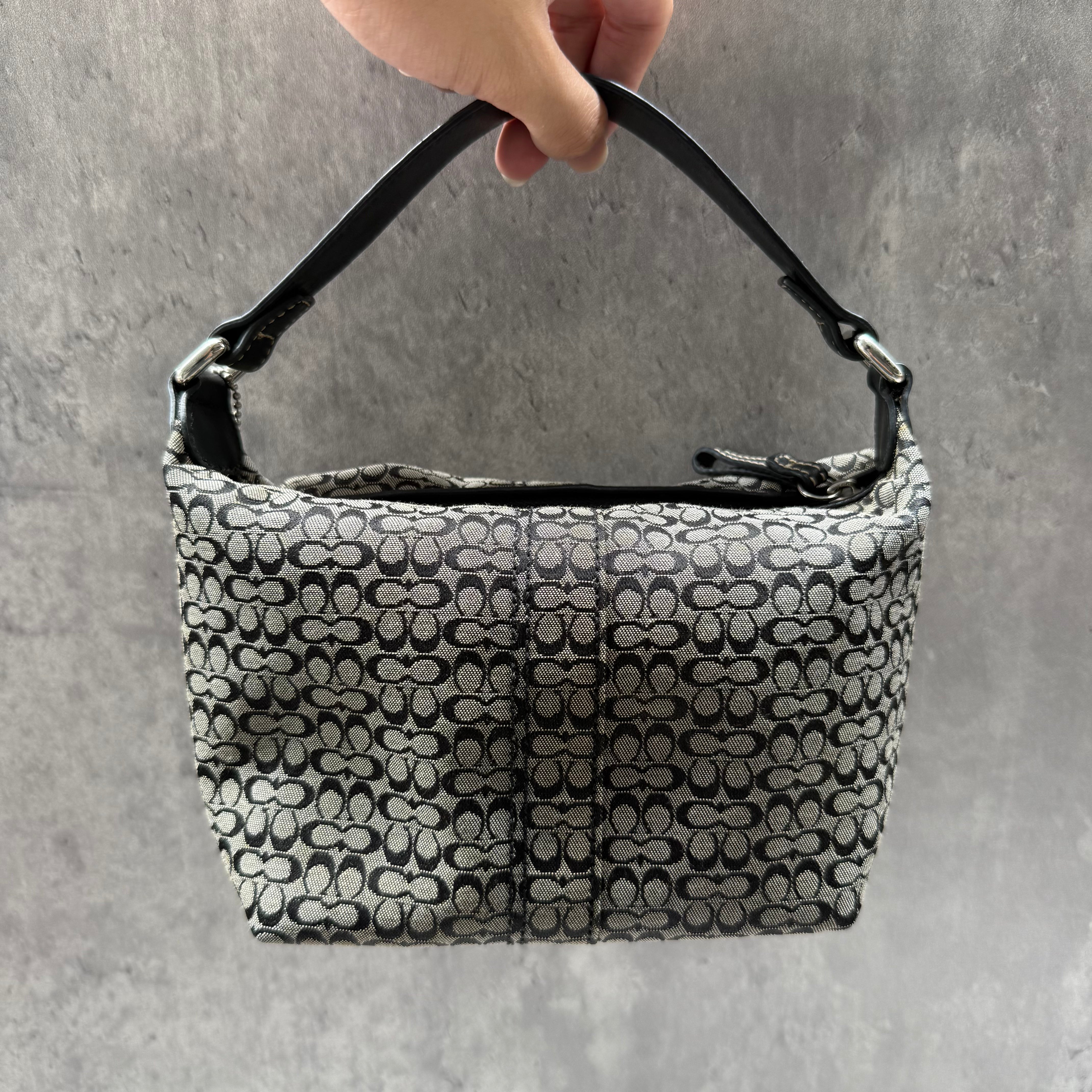 Coach Signature Mini Hobo Shoulder Bag in Grey/Black with jacquard canvas, black leather trim, zip closure, and interior zip pocket