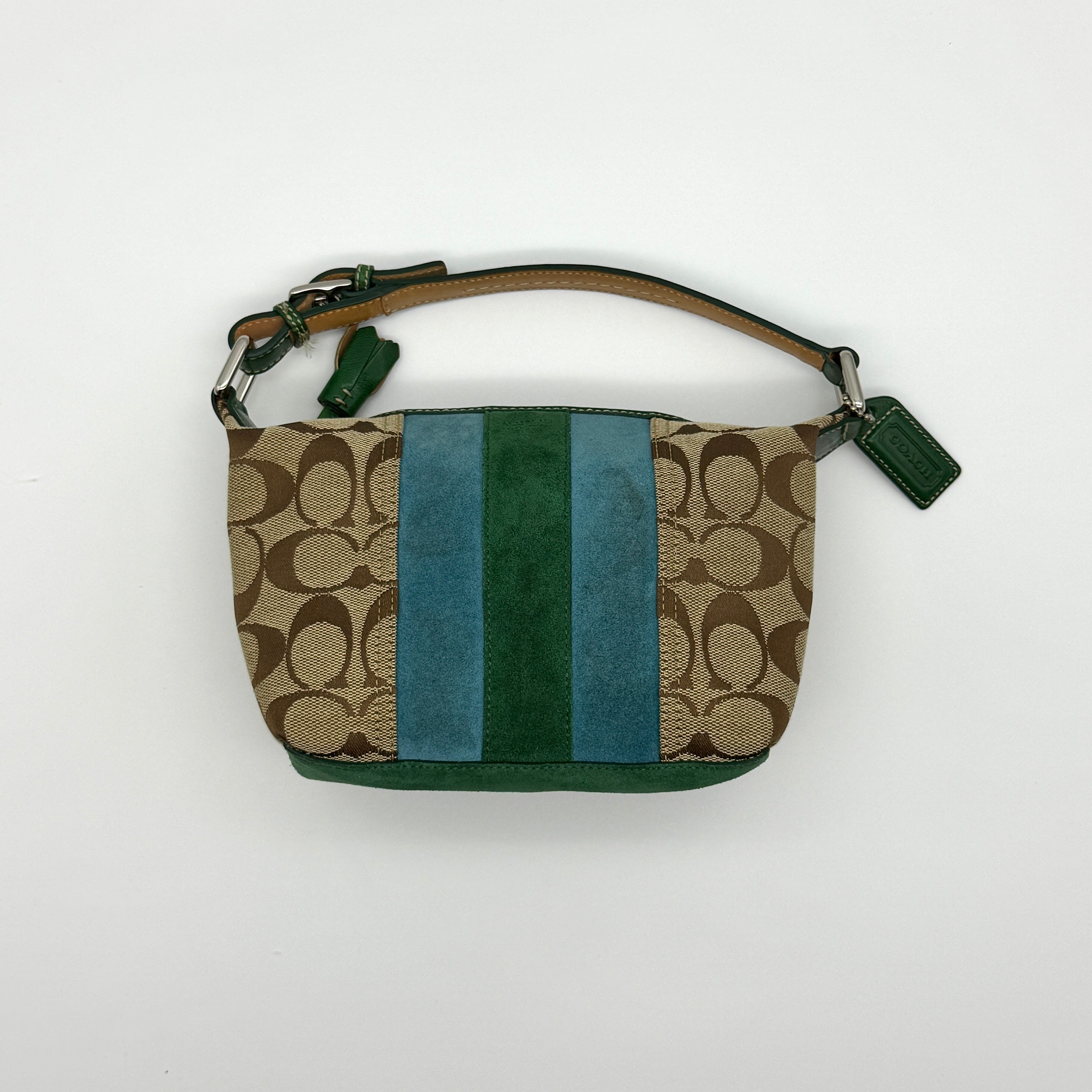 Coach Signature Mini Hobo Striped Shoulder Bag in beige canvas with green and blue suede stripes, silver-tone hardware, and leather trim — pre-loved.