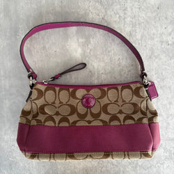 Coach Signature Purple Stripe Shoulder Bag Beige/Purple, with monogram canvas, purple leather trim, and zip-top closure