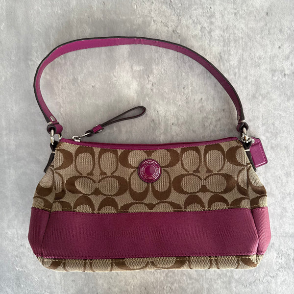 Coach Signature Purple Stripe Shoulder Bag Beige/Purple, with monogram canvas, purple leather trim, and zip-top closure