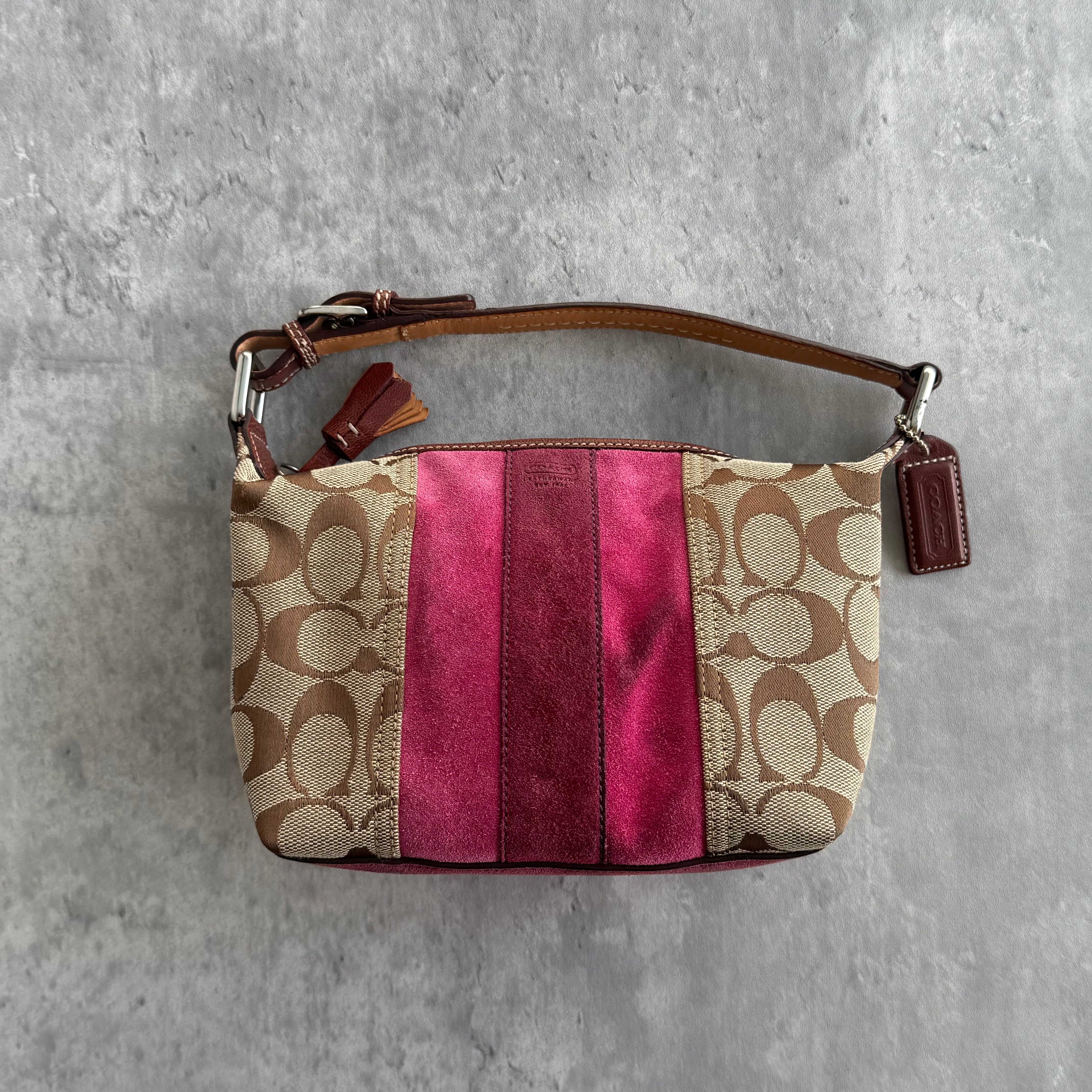 Coach Signature Stripe Mini Hobo Shoulder Bag in beige canvas with pink suede accents and brown leather trim