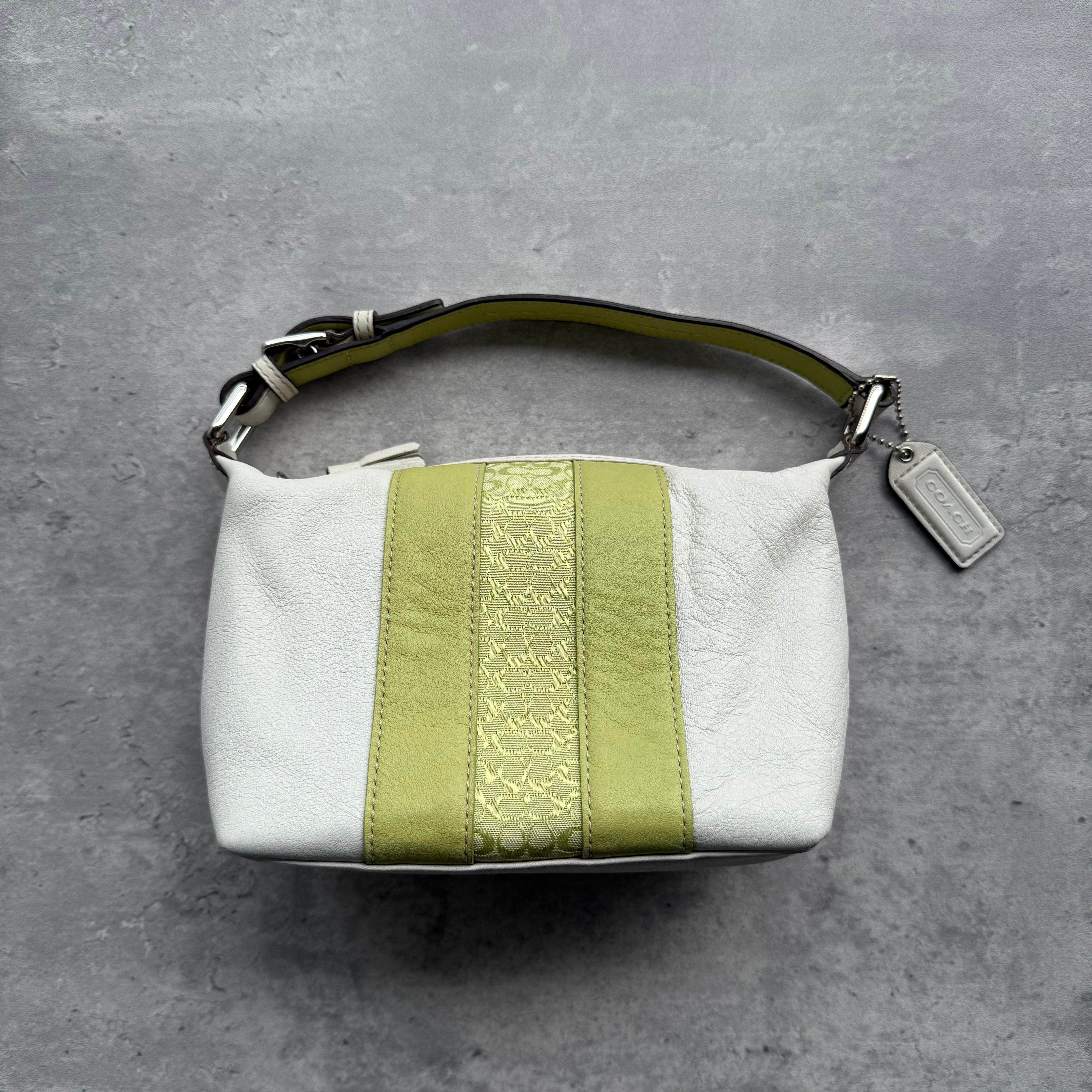 Coach Signature Stripe Mini Hobo Shoulder Bag in green and white leather with silver-tone hardware and zip closure.