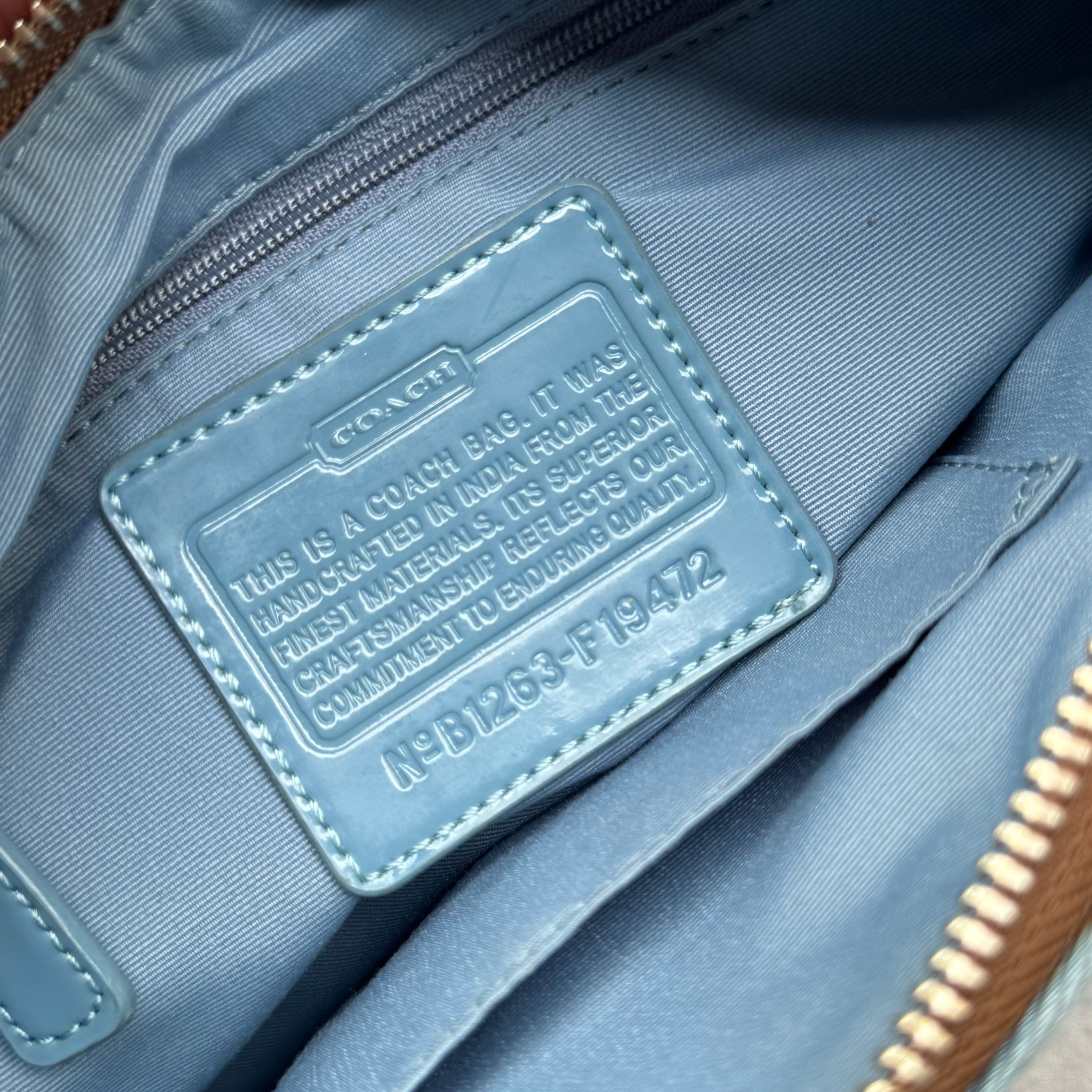 Coach Signature Stripe Shoulder Bag in brown canvas with blue leather trim and vertical logo stripe.