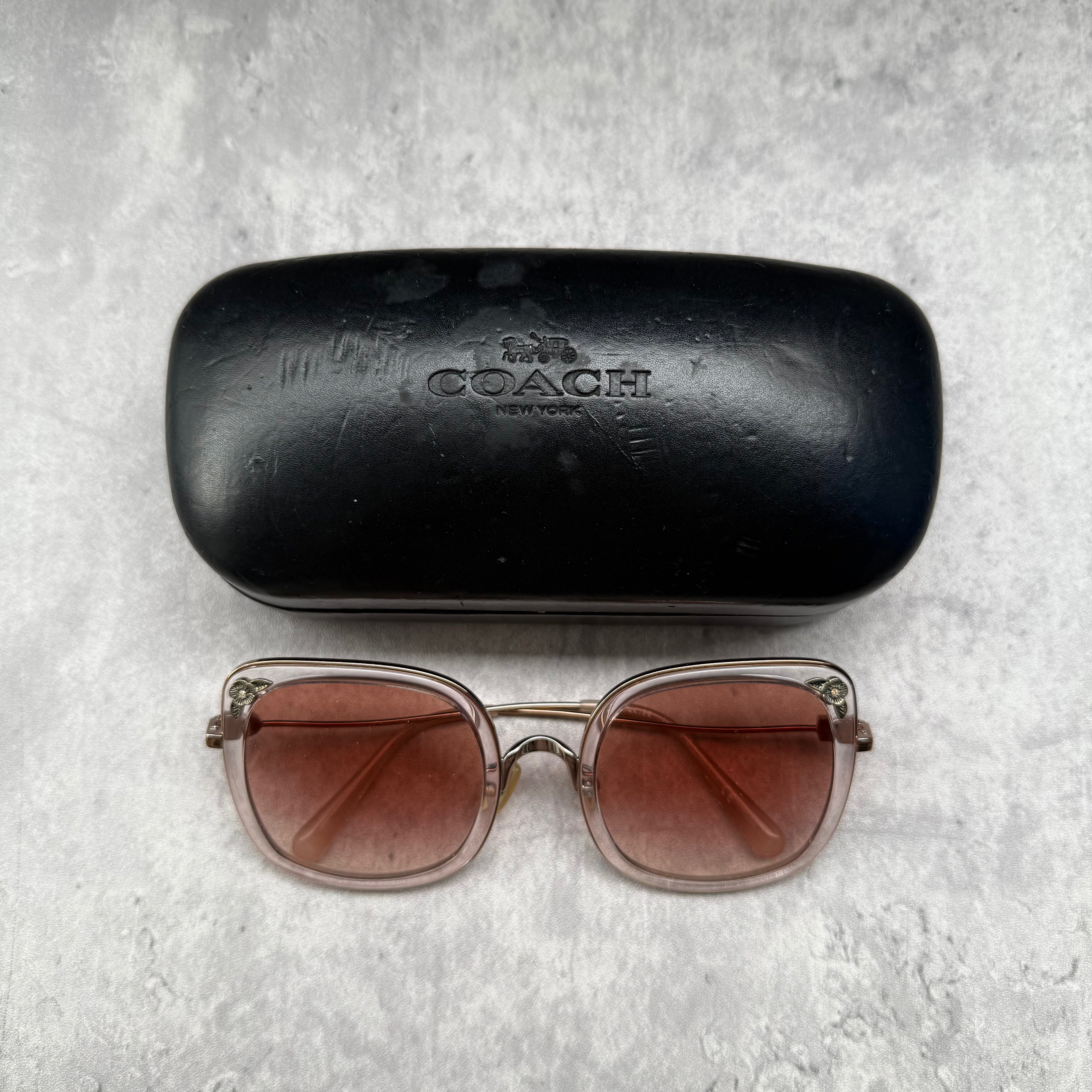 Coach Vintage Sunglasses with rose gold metal frame and pink gradient square lenses.