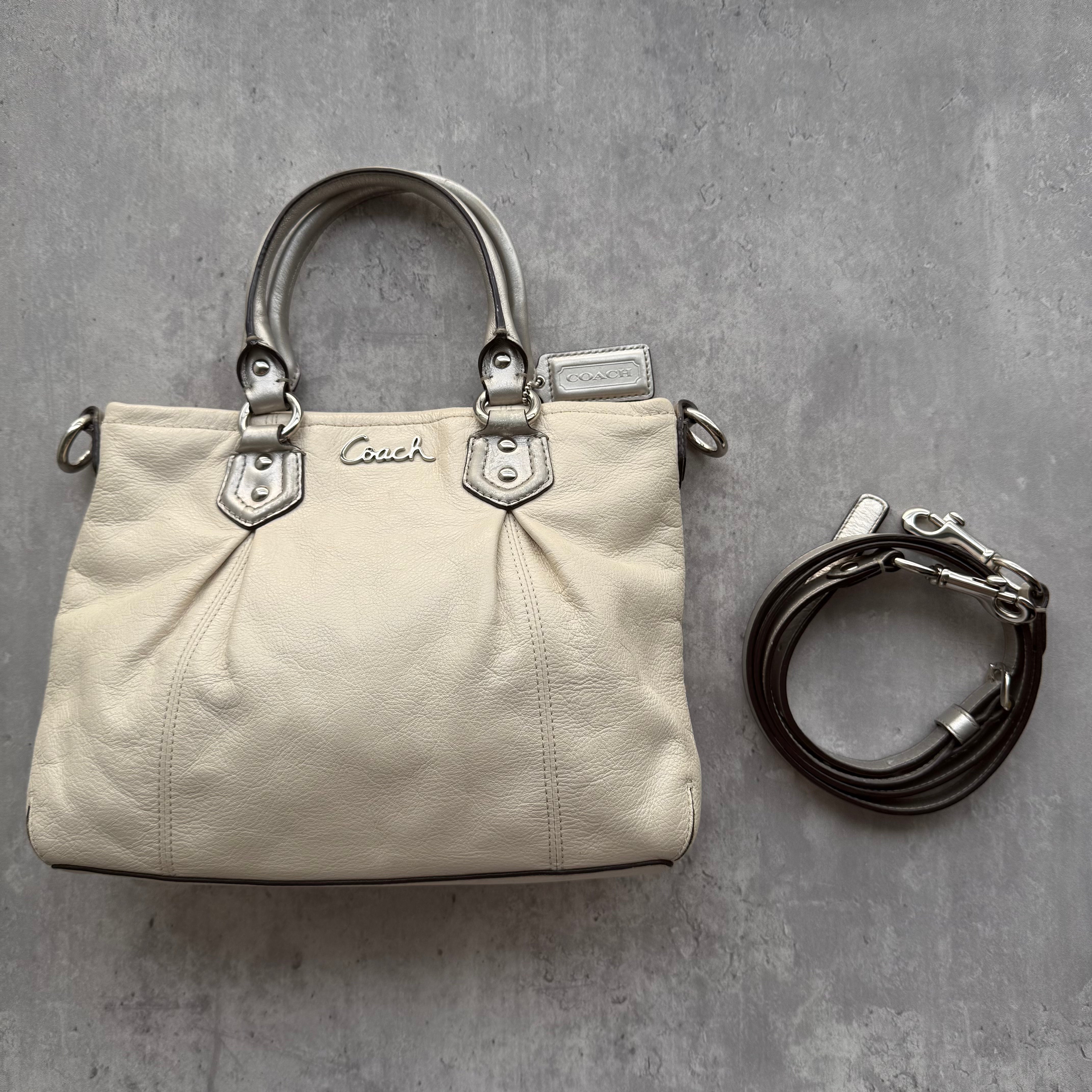 Coach Y2K Ashley Mini Tote Bag in cream leather with silver-tone hardware and detachable strap.