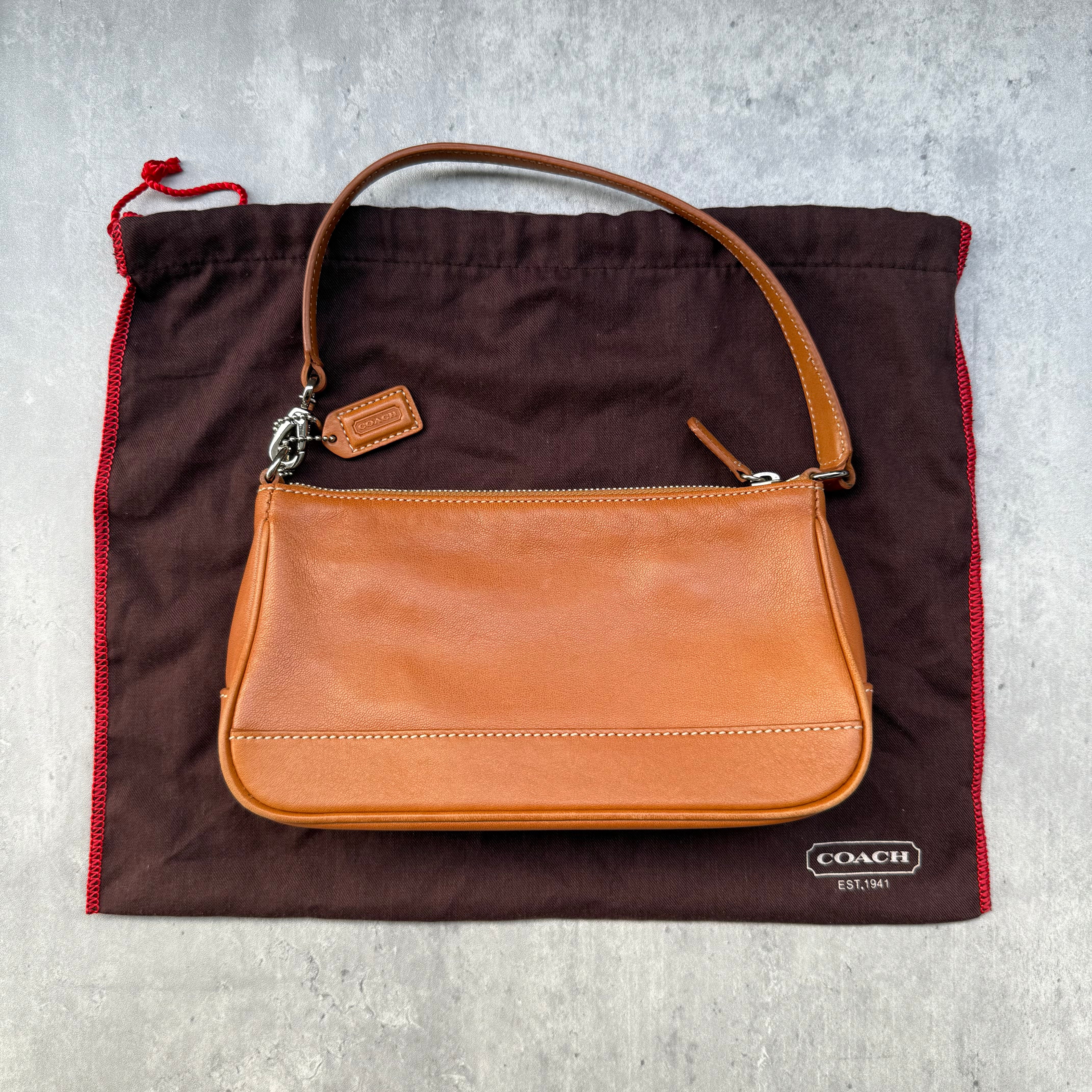 Coach Y2K Demi Leather Shoulder Bag in brown with silver-tone hardware and original dust bag.