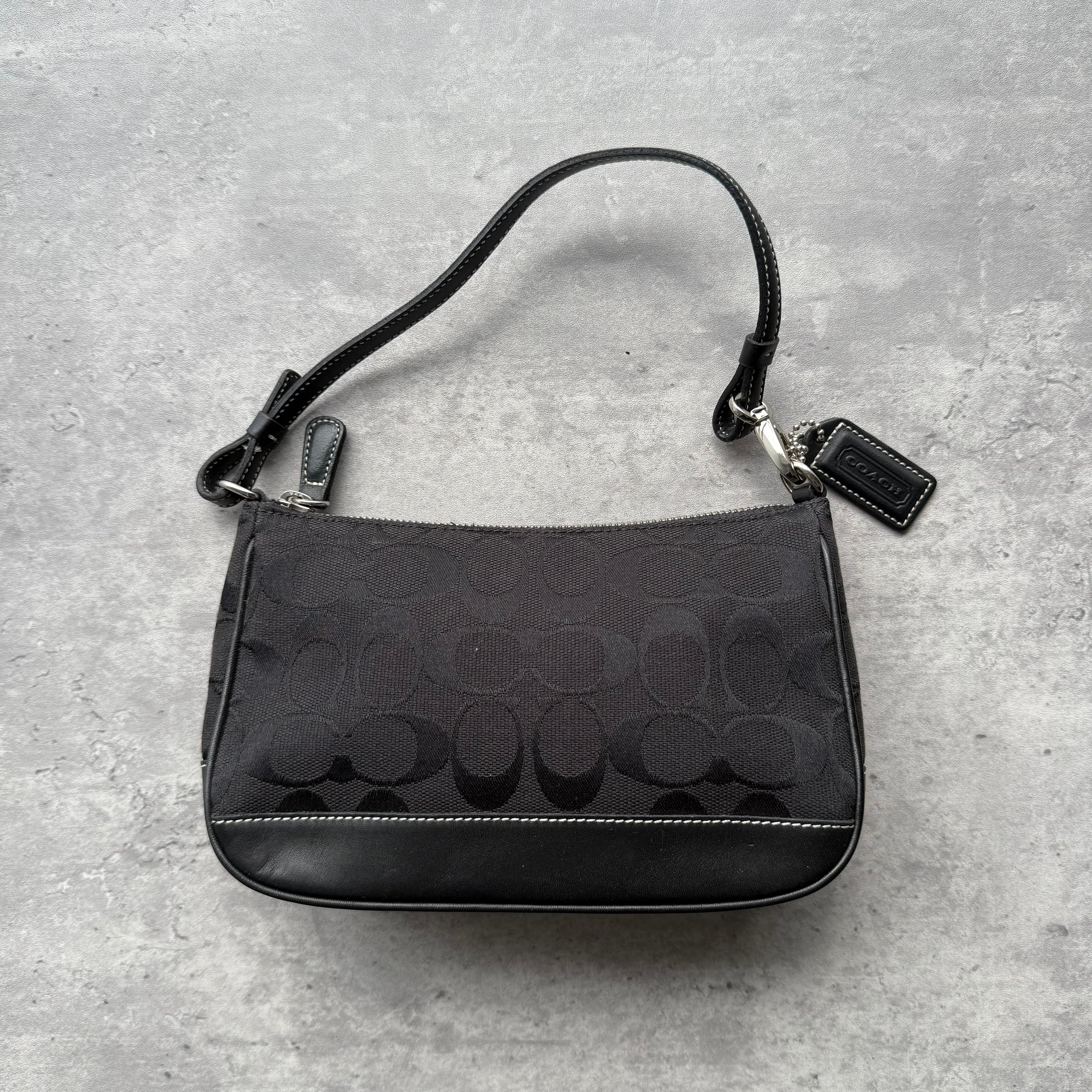 Coach Y2K Demi Shoulder Bag in black signature jacquard with leather trim and silver-tone hardware.