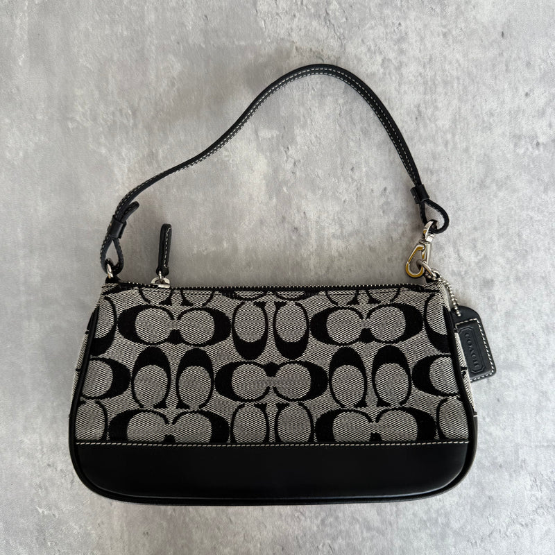 Coach Y2K Demi Shoulder Bag Grey/Black, featuring signature jacquard canvas, black leather trim, and silver-tone hardware with zip-top closure