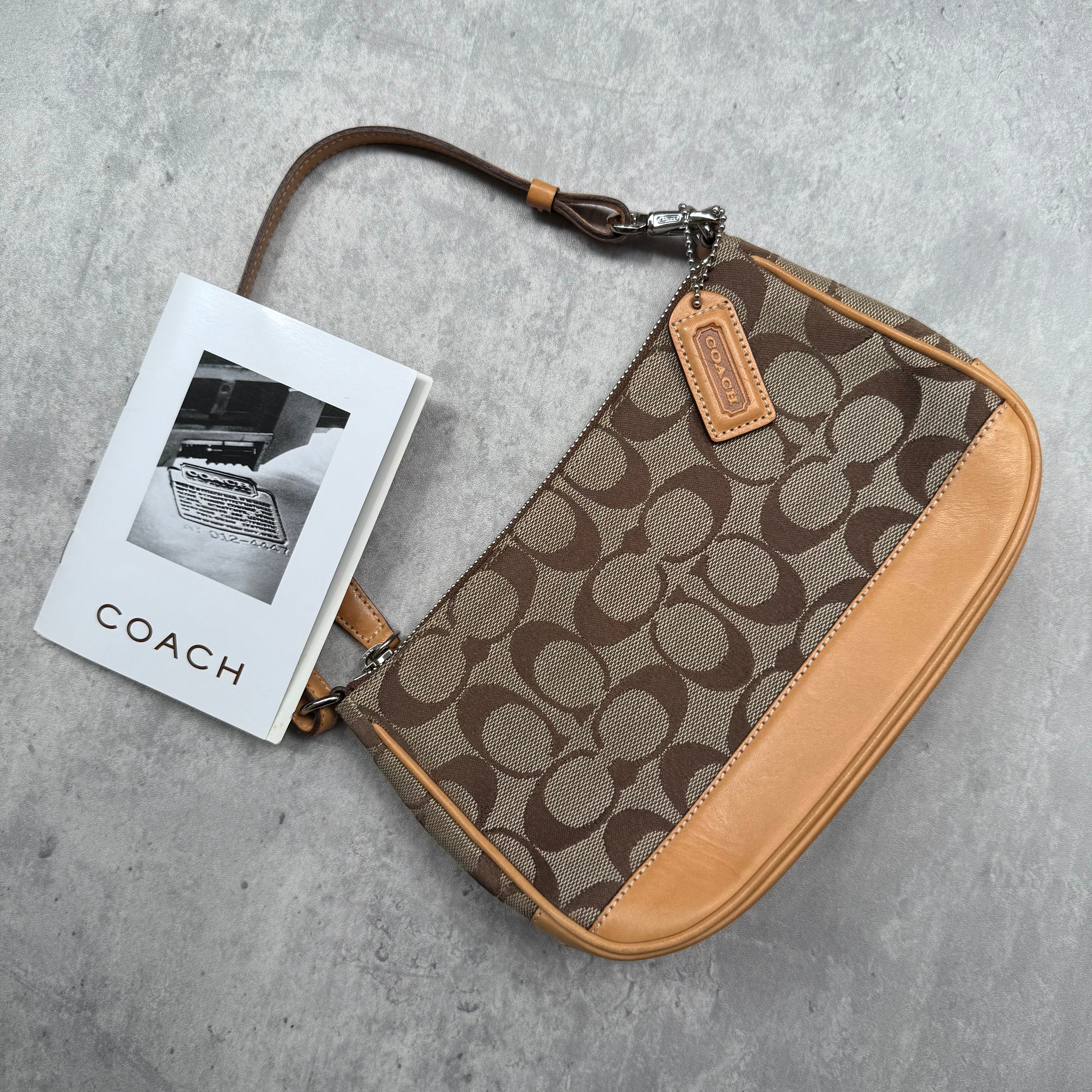 Coach Y2K Demi Shoulder Bag Tan, featuring signature monogram canvas, tan leather trim, and orange fabric interior with silver-tone hardware.