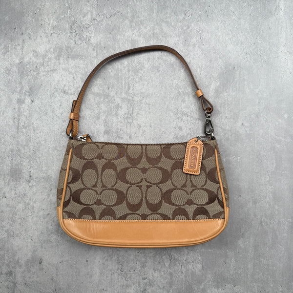 Coach Y2K Demi Shoulder Bag Tan, featuring signature monogram canvas, tan leather trim, and orange fabric interior with silver-tone hardware.