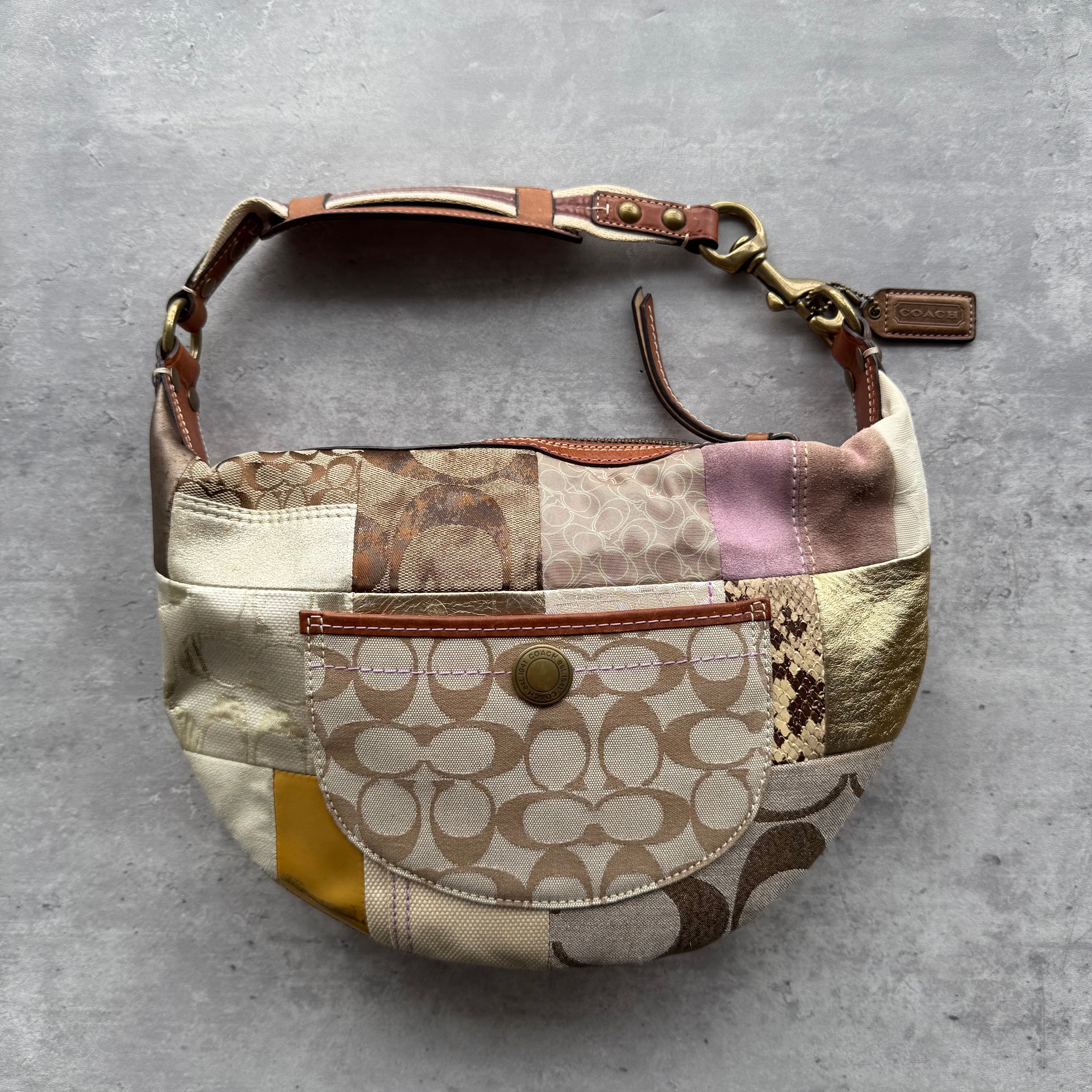 Coach Y2K Patchwork Hobo Boho Shoulder Bag in multicolor leather, suede, and jacquard with brass-tone hardware.