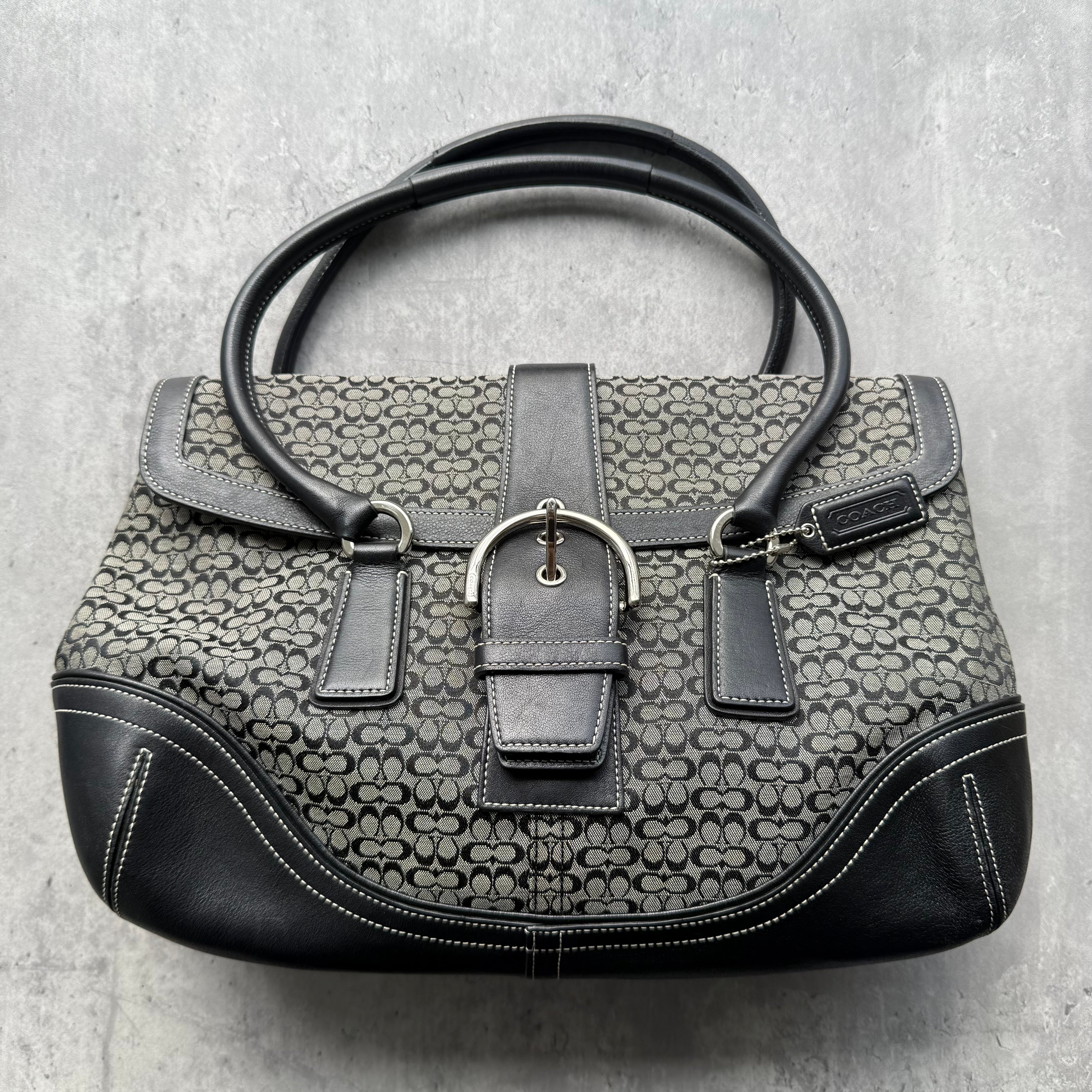 Coach Y2K Soho Shoulder Bag in grey and black signature jacquard with leather trim and buckle detail.