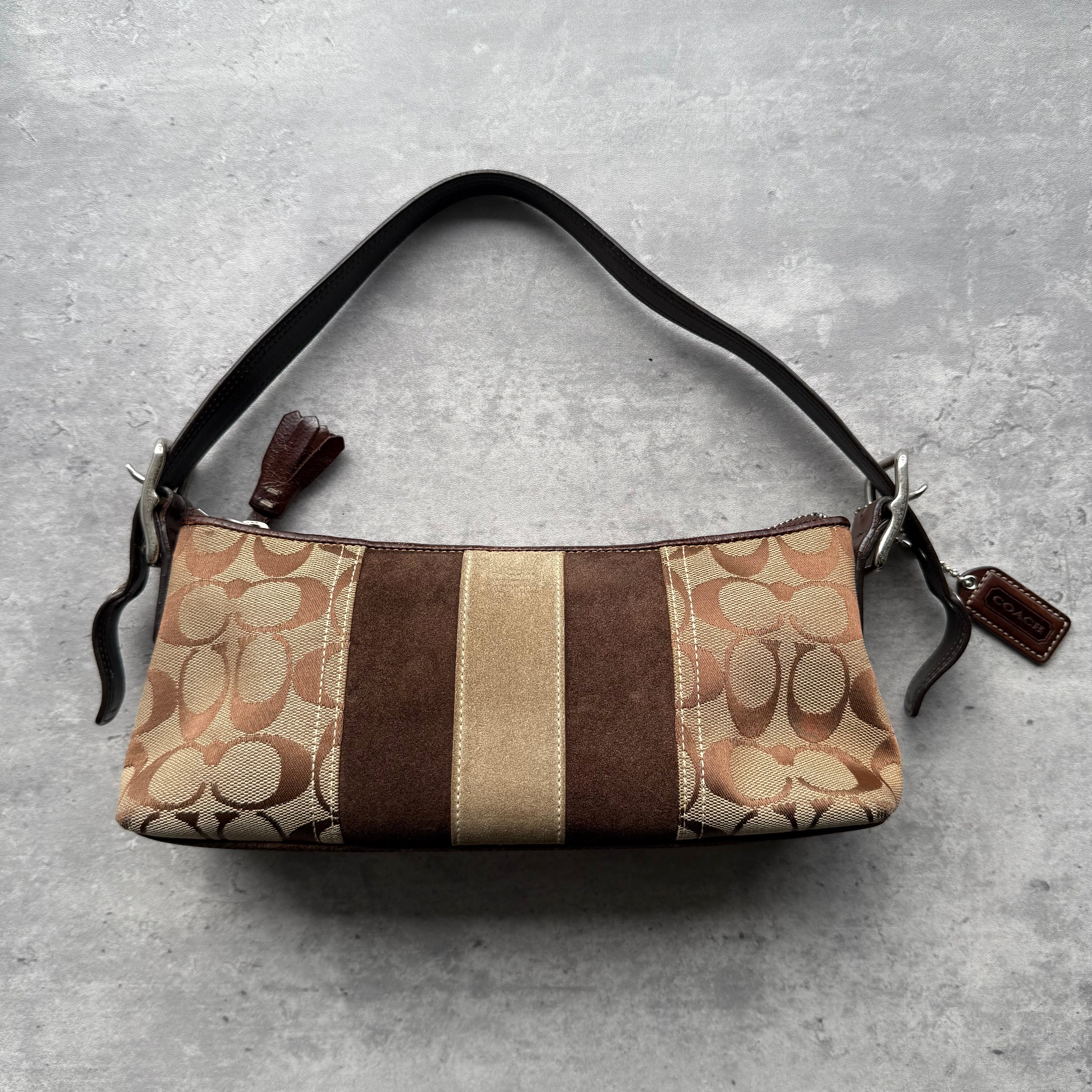 Coach Y2K Stripe Demi Baguette Shoulder Bag in brown and beige signature canvas with leather trim.