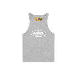 Corteiz Alcatraz Tank Top (Women's) in grey waffle-knit cotton with white printed logo