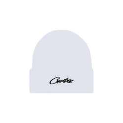 Corteiz Allstarz Folded Beanie in white knit with black embroidered script logo