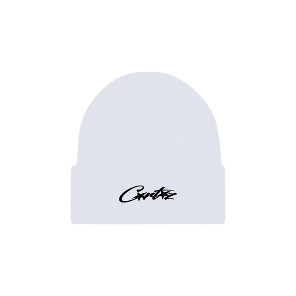 Corteiz Allstarz Folded Beanie in white knit with black embroidered script logo
