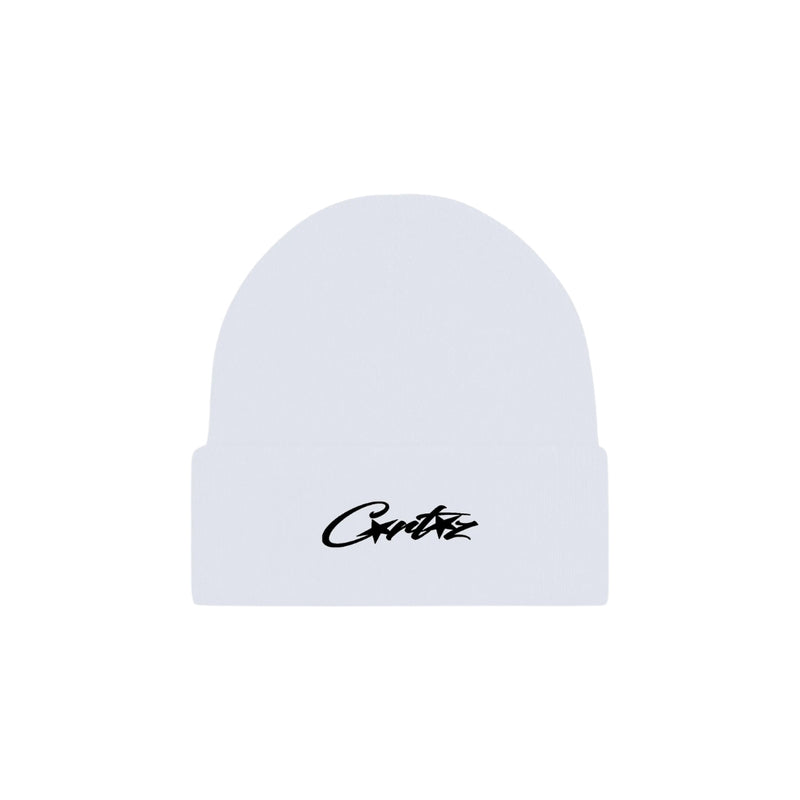 Corteiz Allstarz Folded Beanie in white knit with black embroidered script logo