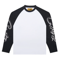 Corteiz Allstarz Raglan Longsleeve in white with black sleeves, featuring large white Corteiz logos printed on both arms.