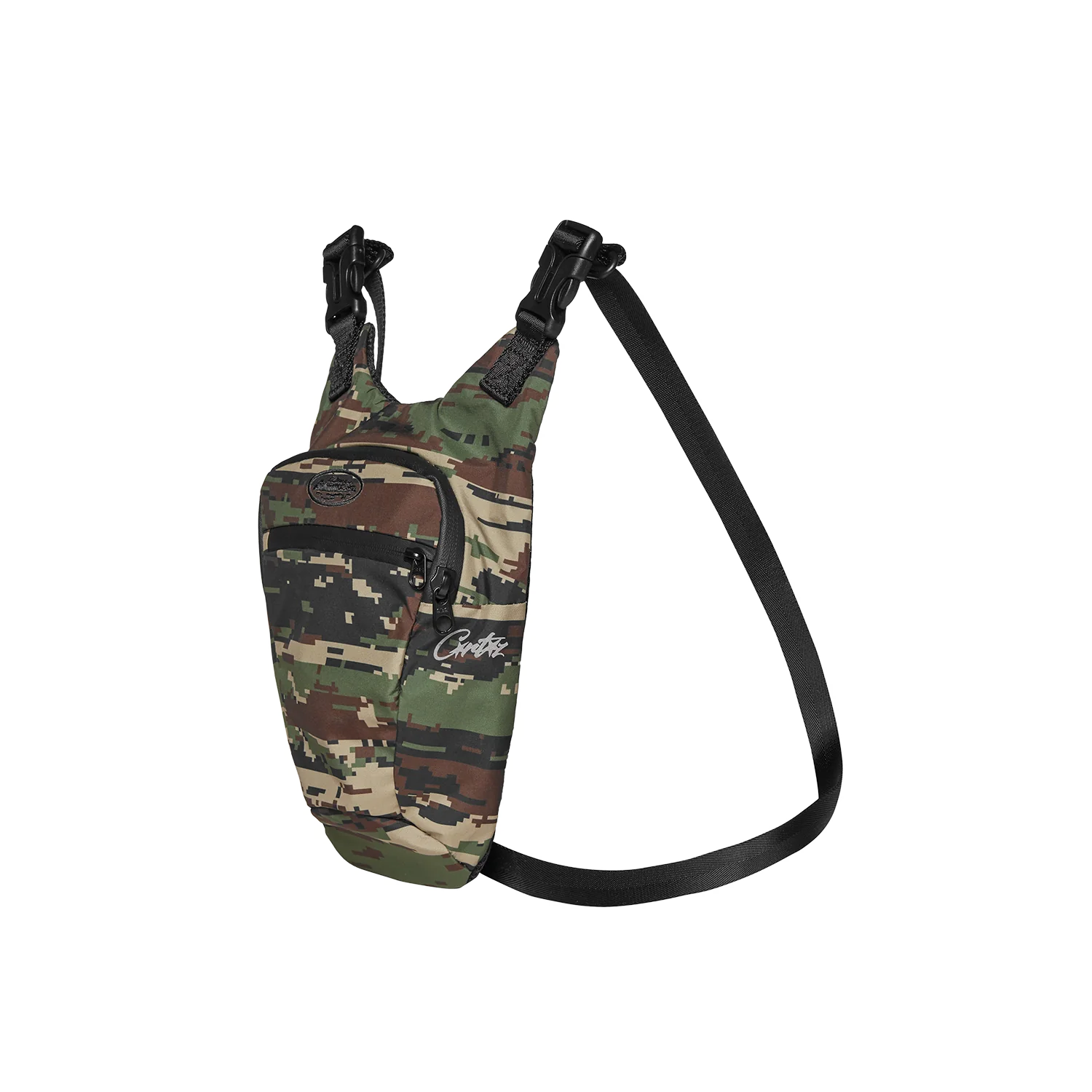 Corteiz Elitework Sling Bag in Digi Camo, featuring front zip pocket, buckle fastenings, and an adjustable black strap.