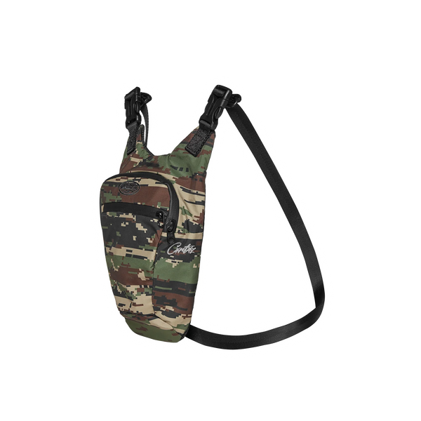 Corteiz Elitework Sling Bag in Digi Camo, featuring front zip pocket, buckle fastenings, and an adjustable black strap.