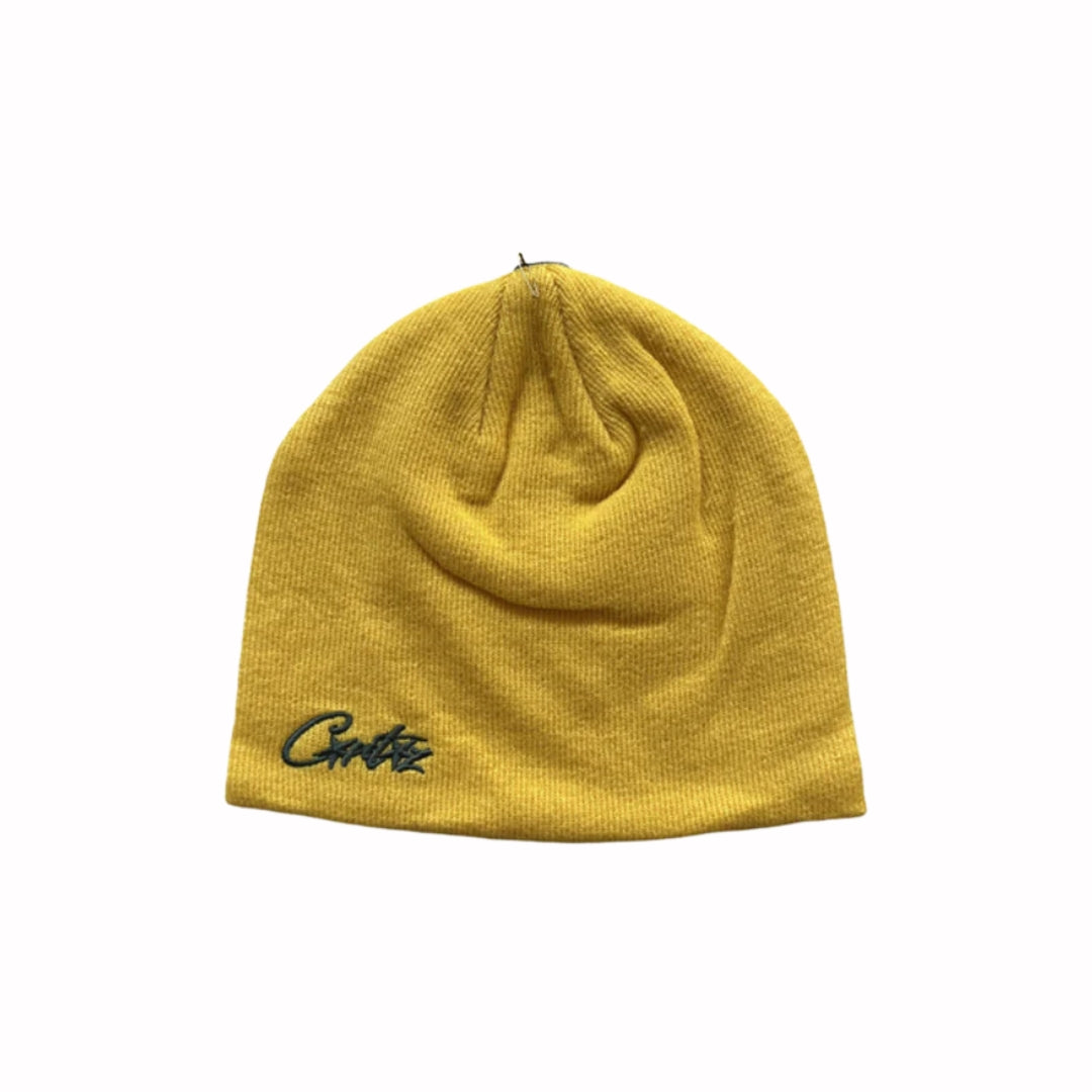 Corteiz Micro Allstarz Skully Yellow Beanie, ribbed knit fabric with black embroidered logo on front