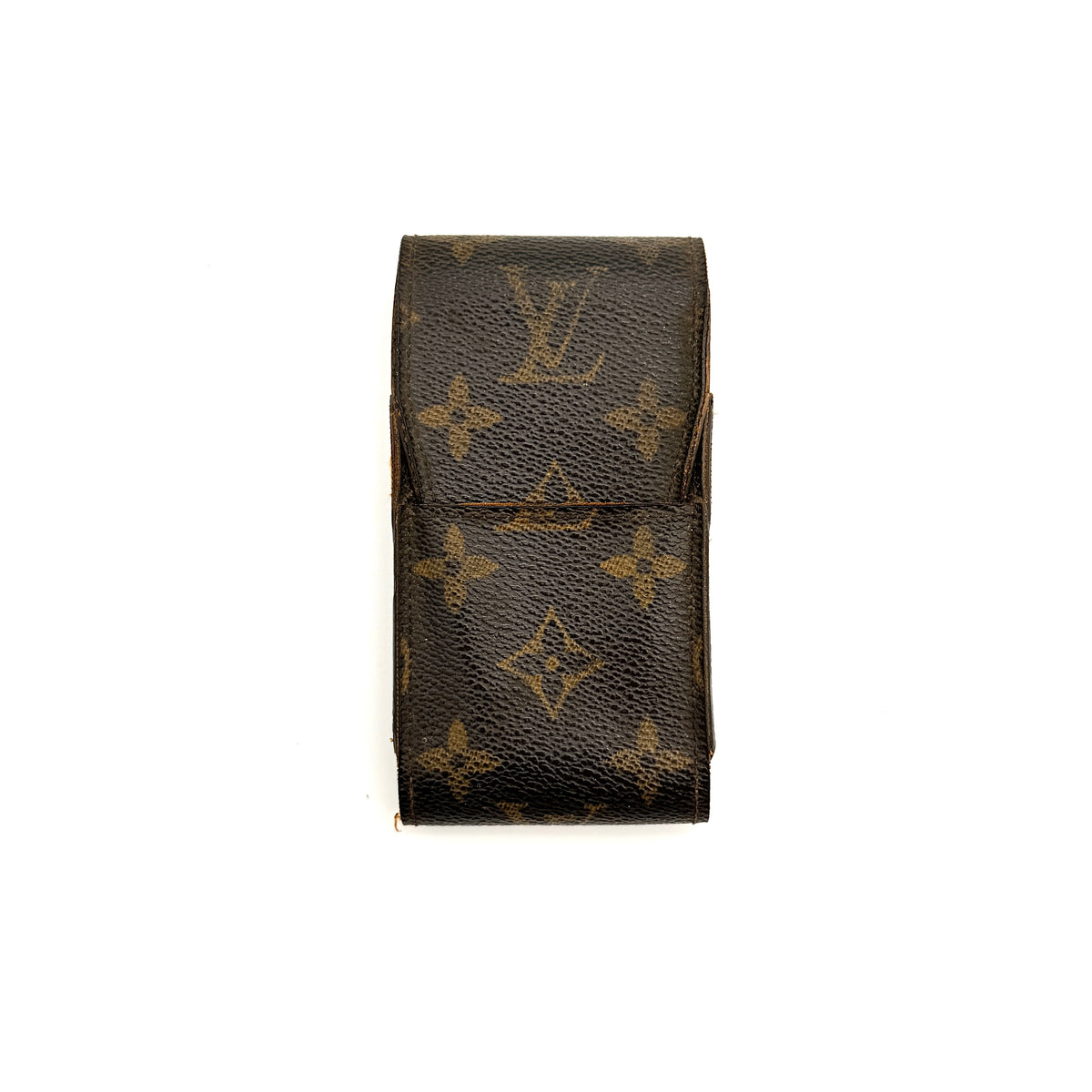 Louis Vuitton Monogram Cigarette Case in brown canvas with flap opening, photographed front-facing on a white background.