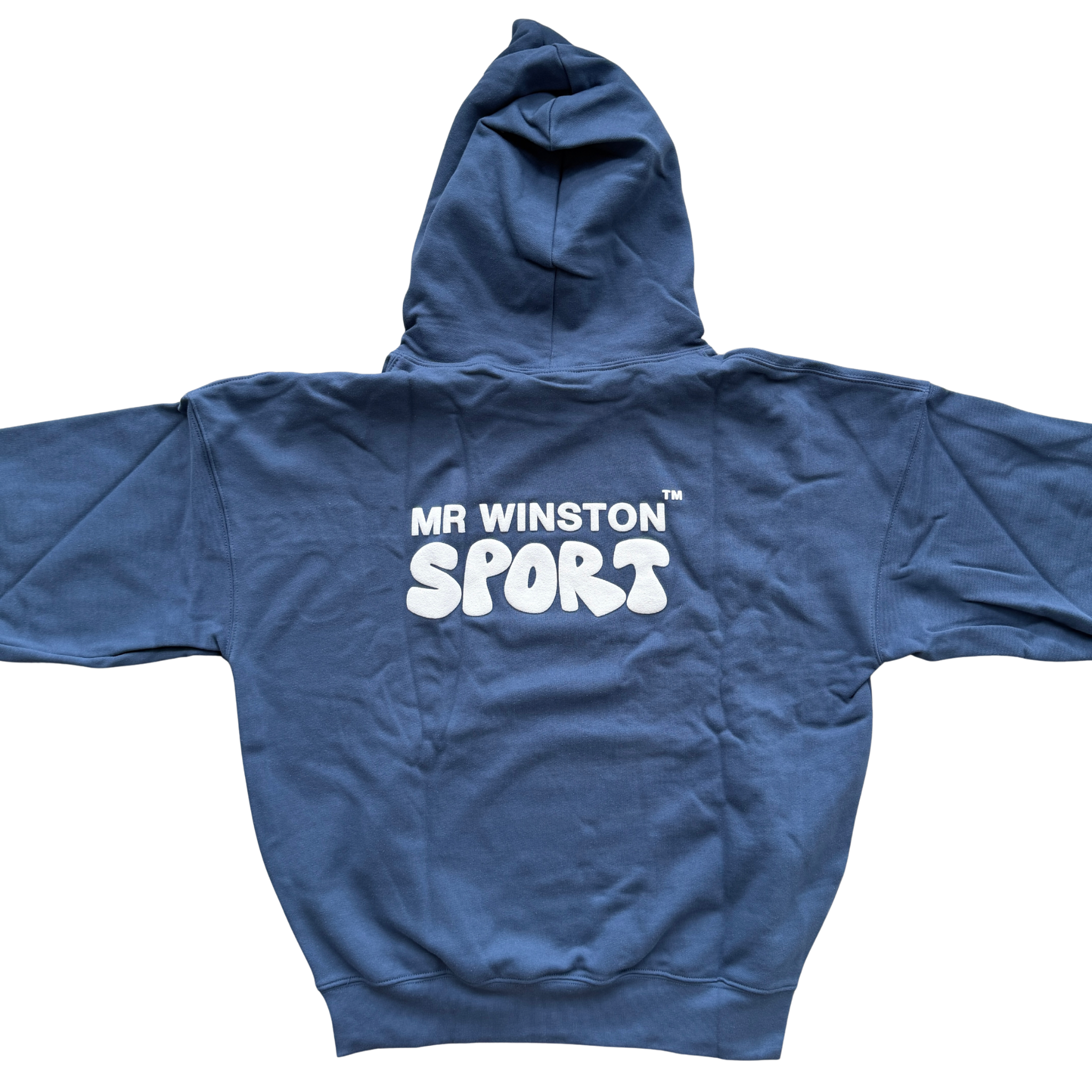 Mr Winston navy hooded sweatshirt with front logo detail, shown laid flat.