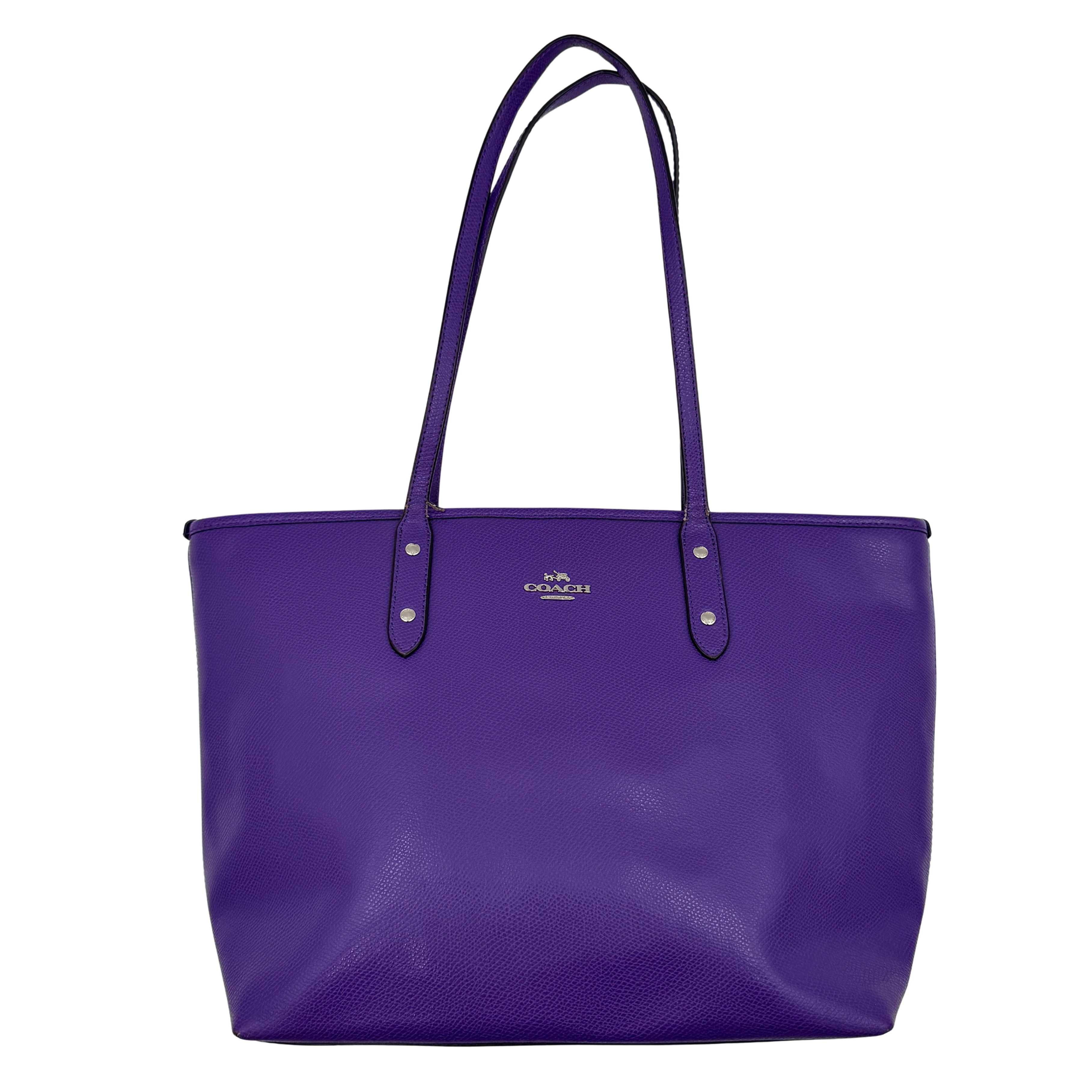 Coach City Zip Tote Bag in vibrant purple grained leather with dual shoulder straps and silver-tone hardware.