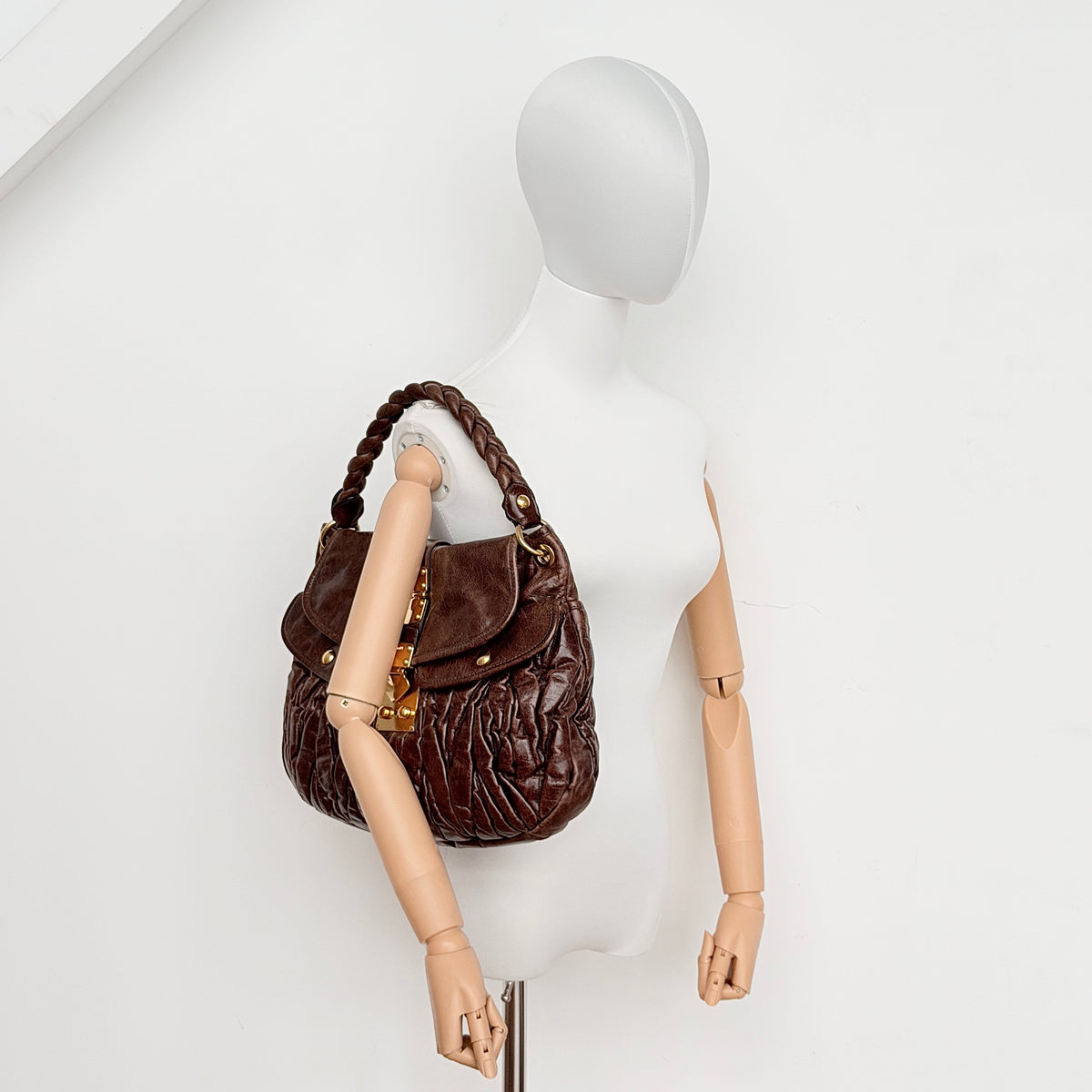Miu Miu 2Way Matelasse Coffer Hobo Shoulder Bag Dark Brown