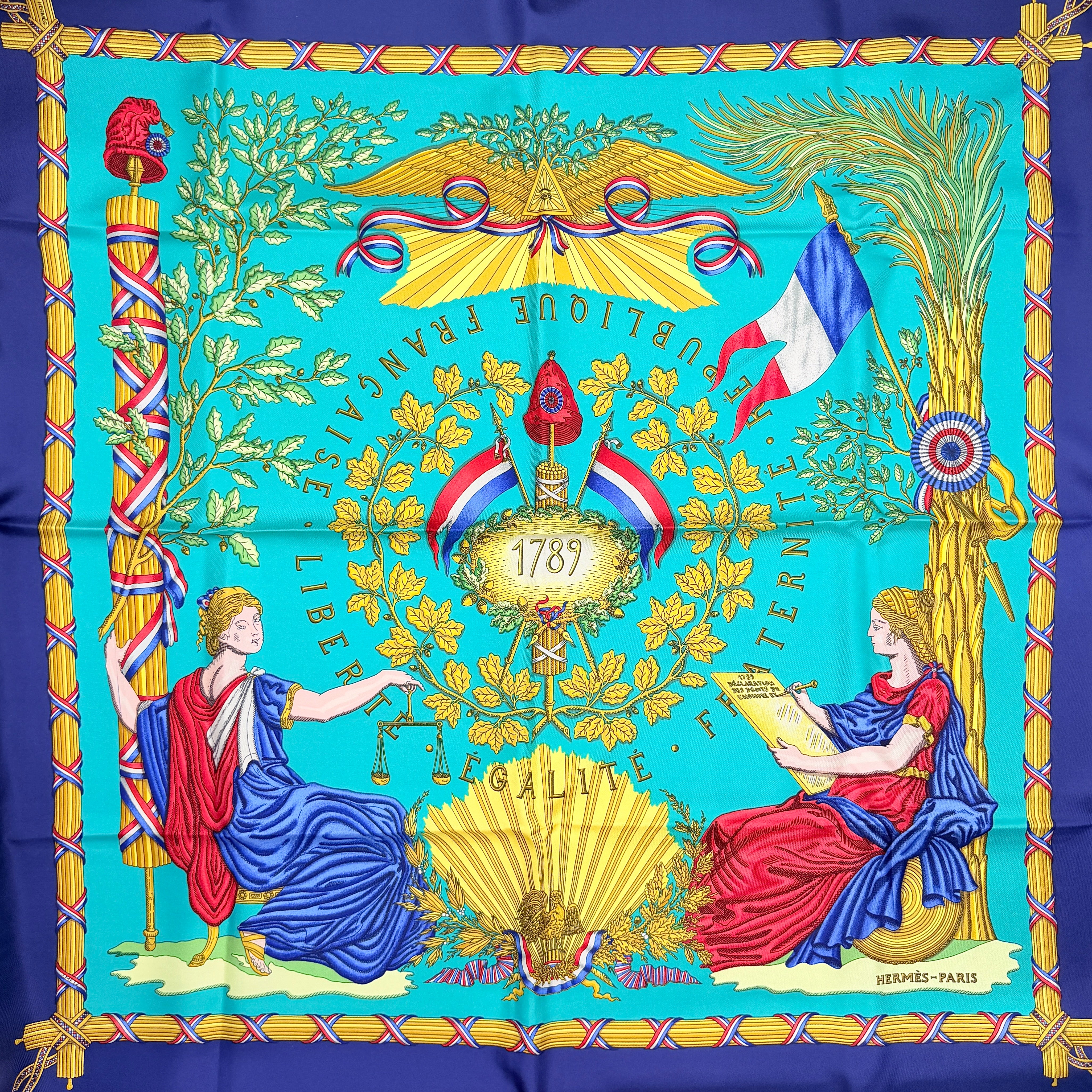 Hermès Liberté Égalité Fraternité Silk Scarf Blue