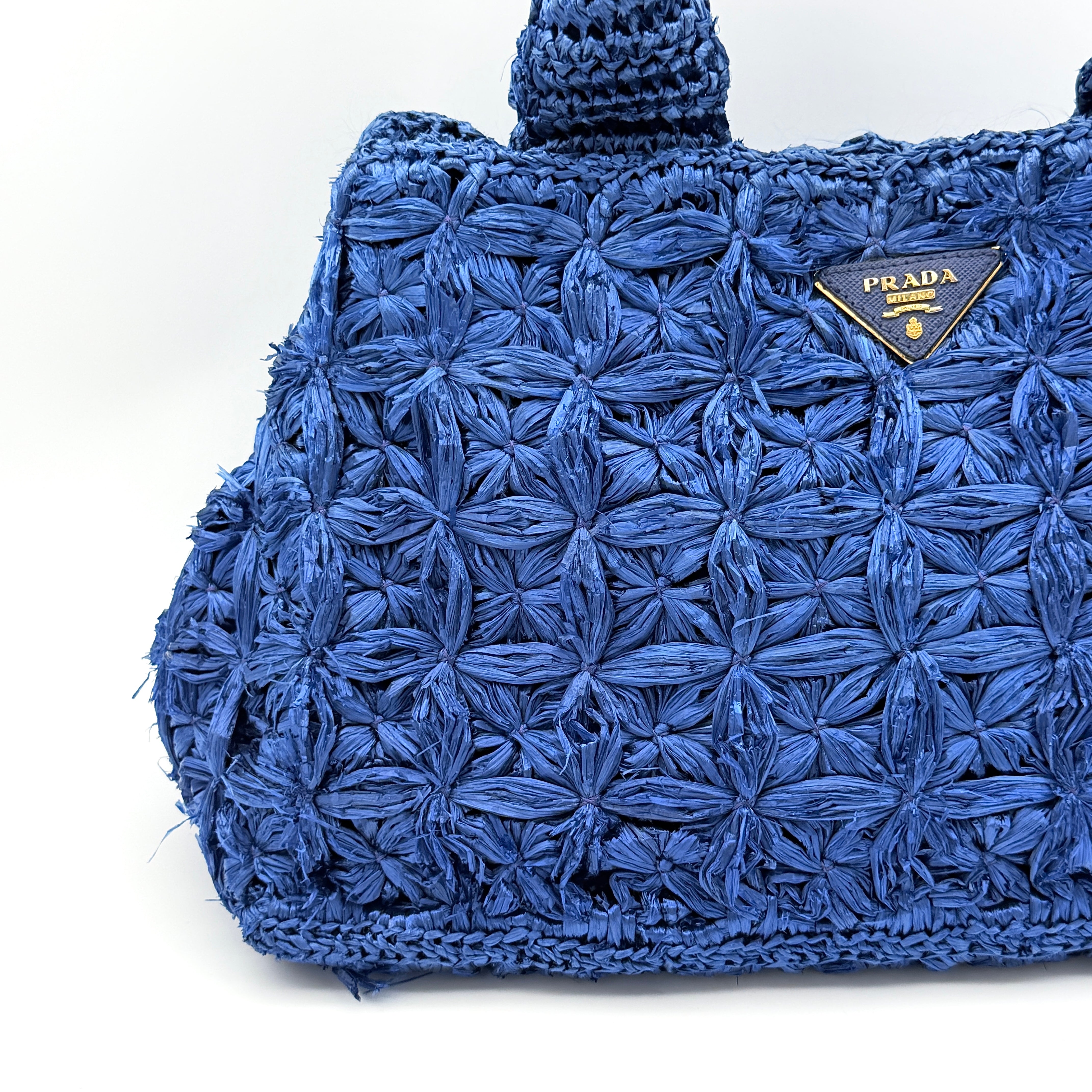 Prada Canapa Crochet Raffia Tote Bag Blue